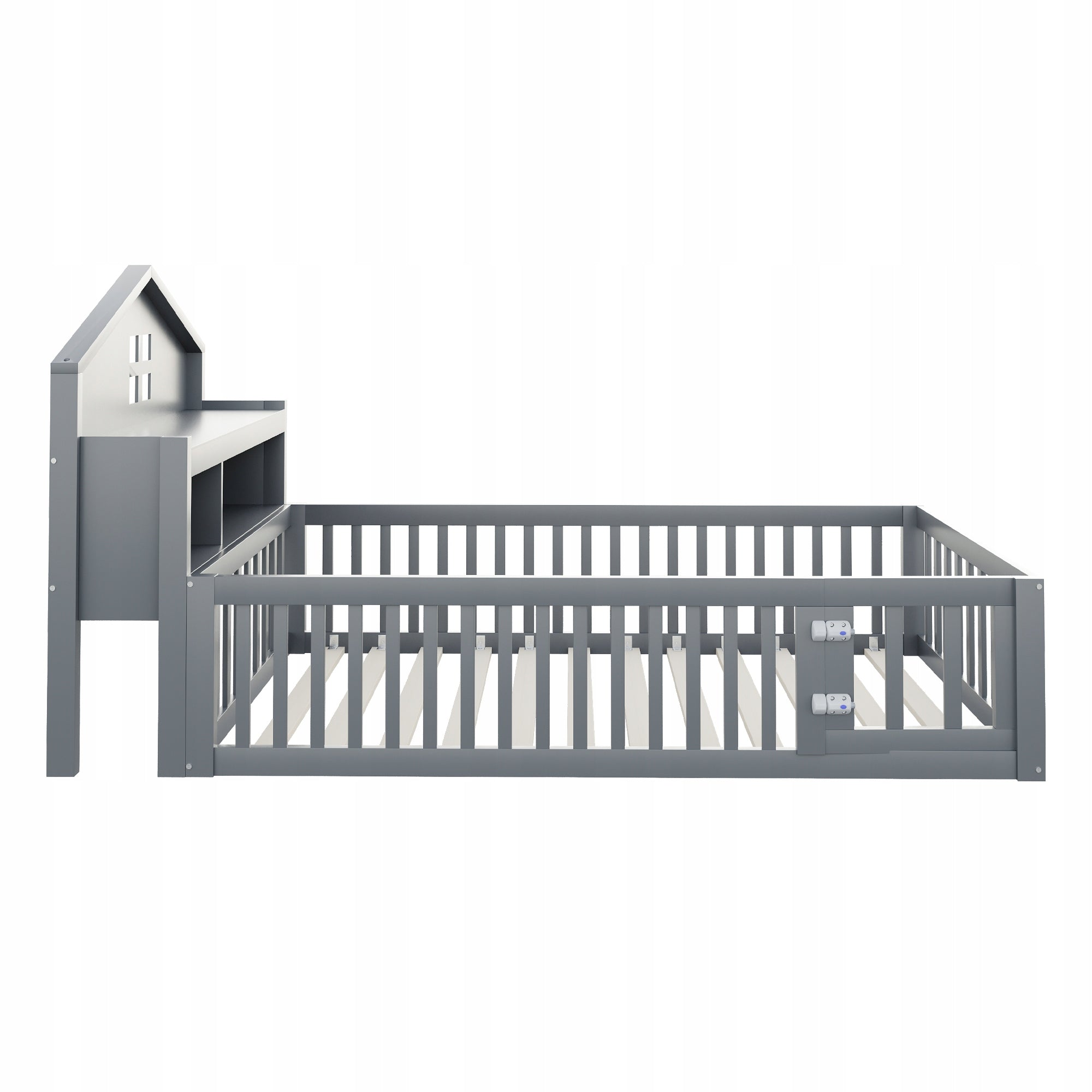 Solid Wood Kids Bed 90x200cm with Storage, Door, and Protective Gitter