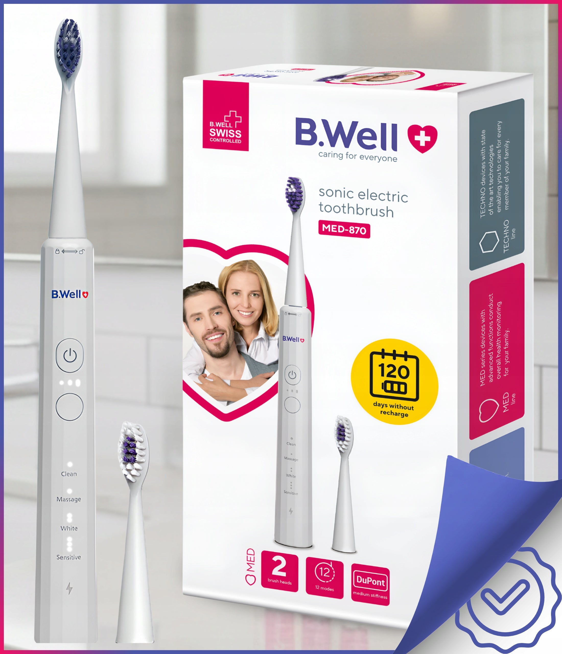 Sonic Toothbrush Electric 2x Tips Case B.Well White Packaging status original