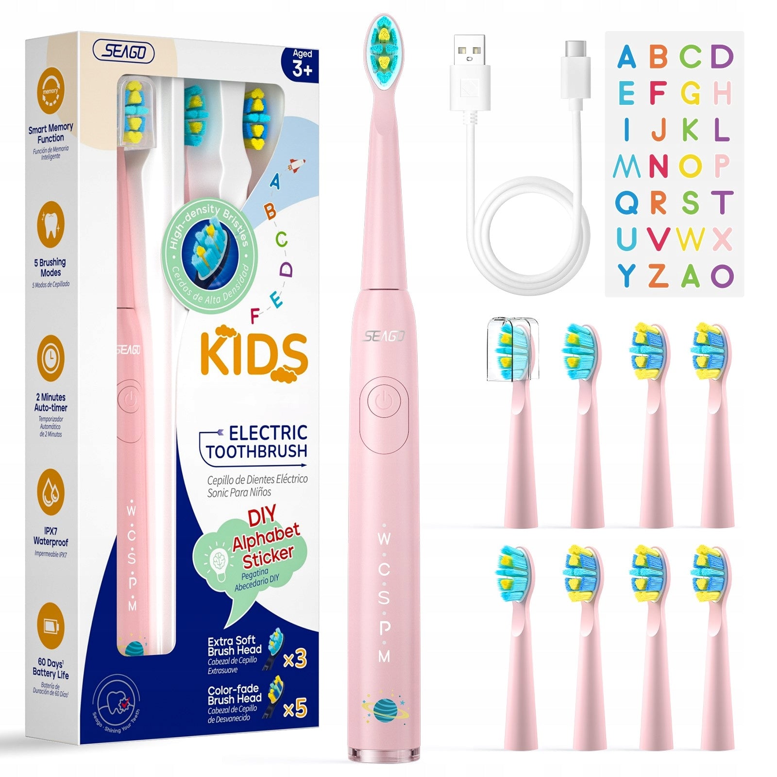 Sonic toothbrush for children 6-12 years, 8 tips electric USB pink