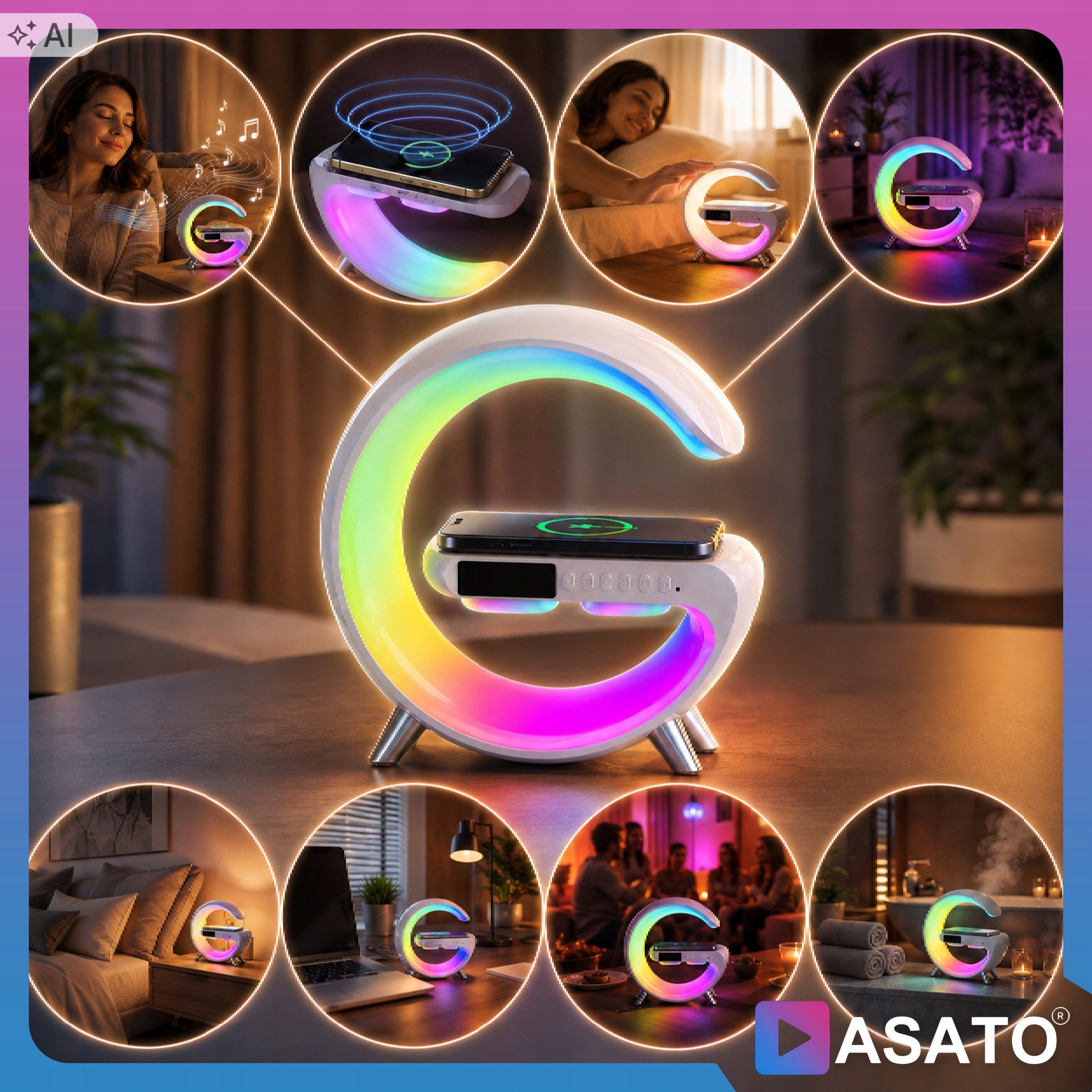 Speaker Wireless RGB Light Bluetooth Alarm Clock Wireless Charger Manufacturer code ASATO-SOUNDLIGHT01