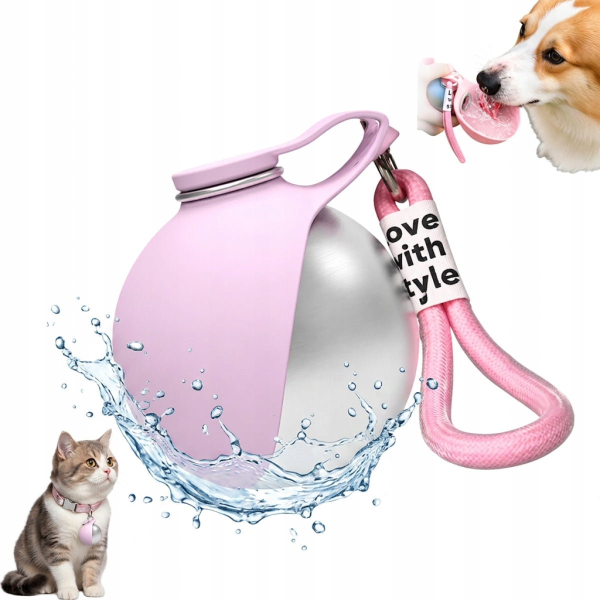 Spherical bottle for dog with bowl – 285ml, sealed, for expeditions