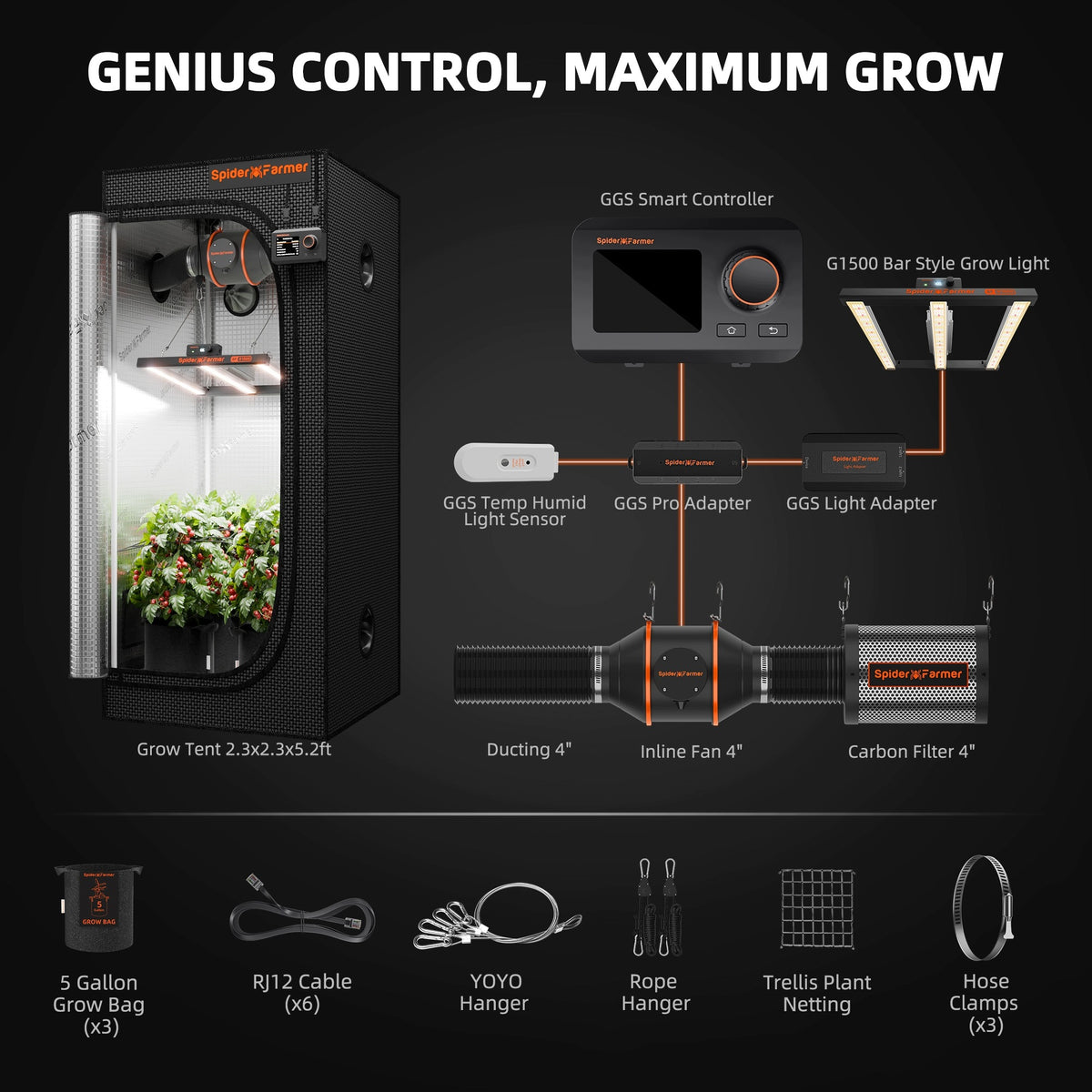Spider Farmer 70x70x160cm Growbox Grow Kit G1500 150W LED+GGS+4" Fan Kits Packaging status original