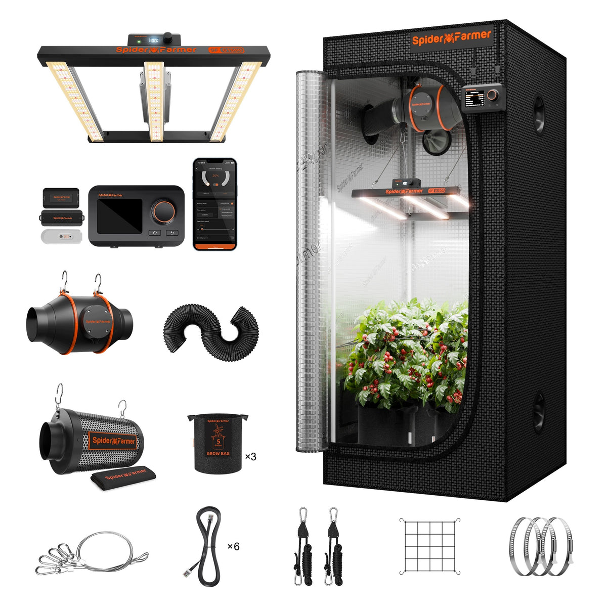 Spider Farmer 70x70x160cm Growbox Grow Kit G1500 150W LED+GGS+4" Fan Kits