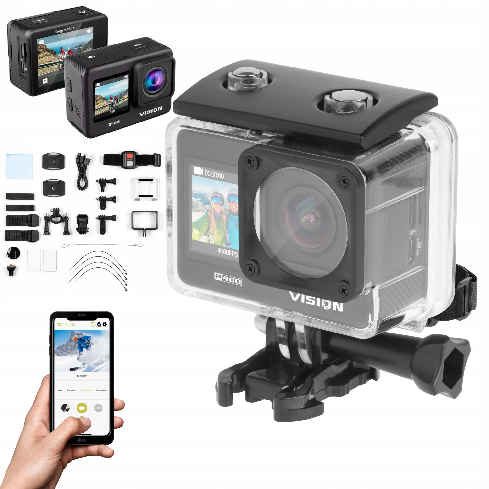 Sports camera 4K 60FPS camera Kruger&Matz Vision P400 accessories remote control