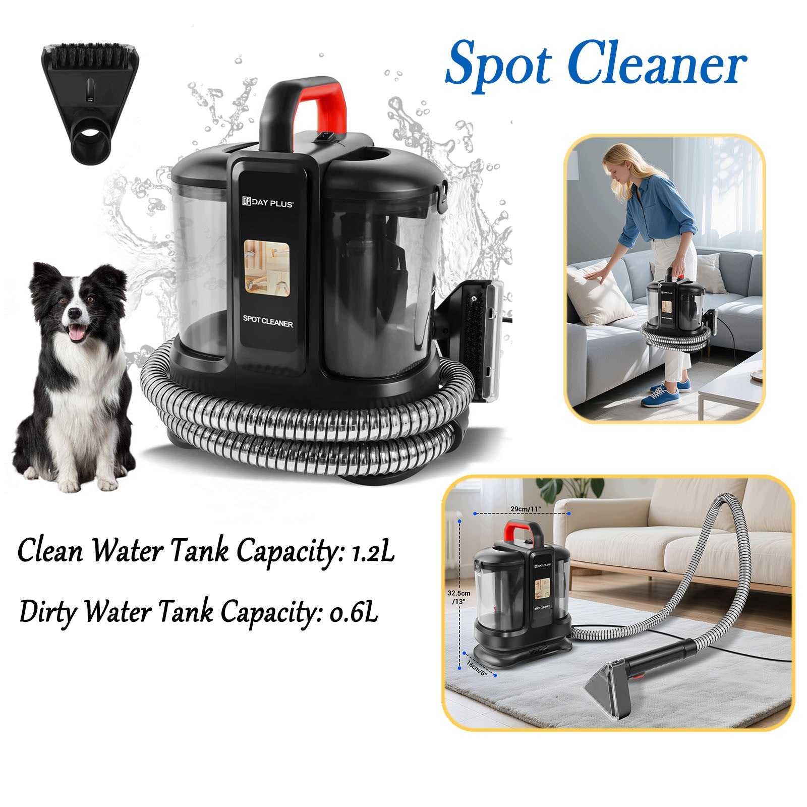 Spot Cleaner for Carpets & Upholstery 1.2L Clean/0.6L Dirty Dual Water Tank