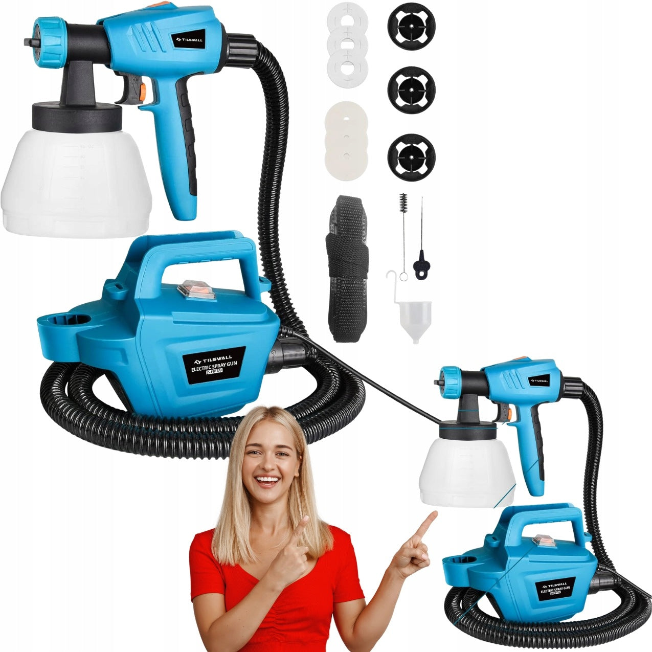 Spraying system Tilswall 800W gun 1300ml with 3 nozzles HVLP blue