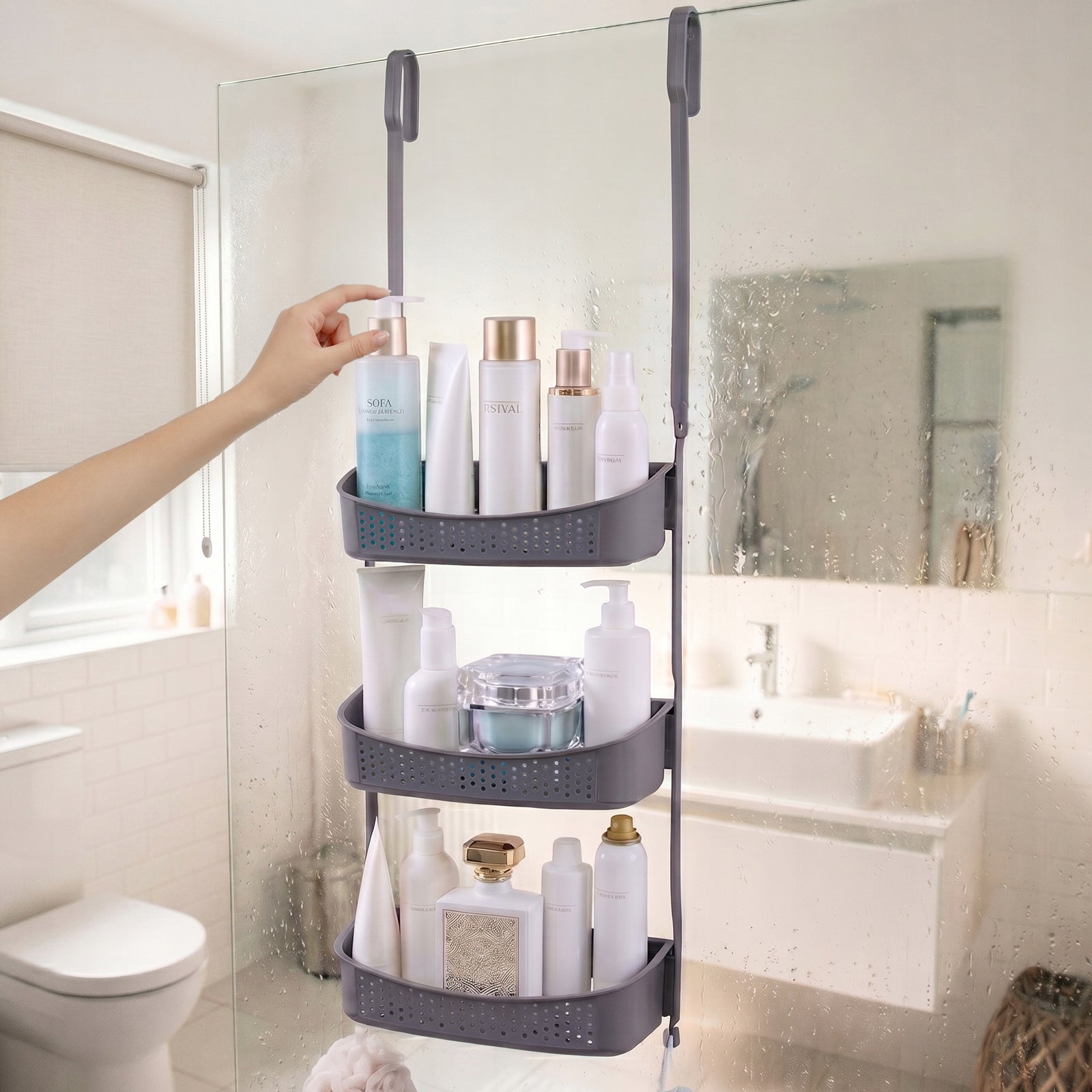Stainless Cabin Hanging Bathroom Shelf for Cosmetics Grey Rubber Packaging status original