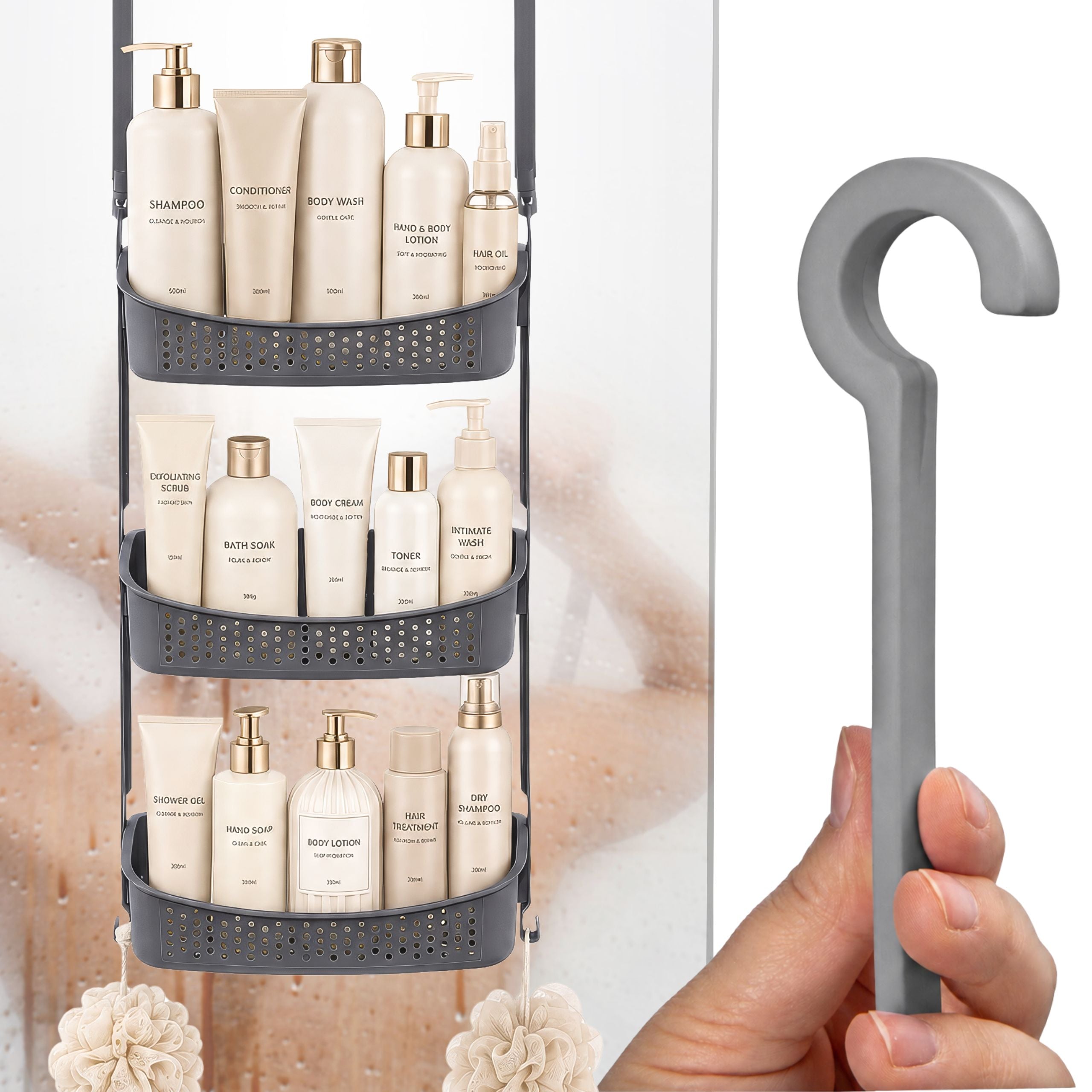 Stainless Cabin Hanging Bathroom Shelf for Cosmetics Grey Rubber
