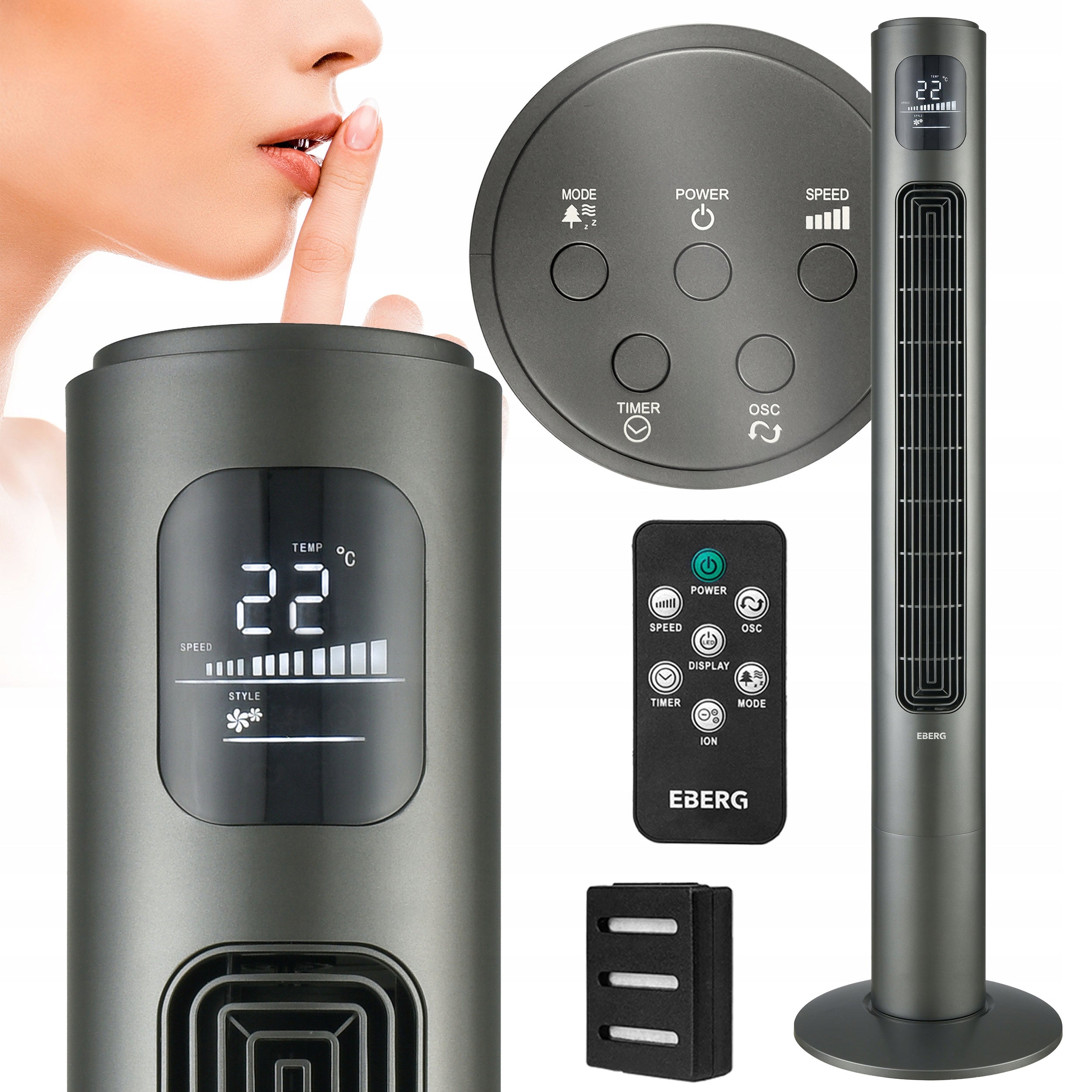 Standing column fan LYNGO quiet floor 117cm ionization +AROMA Manufacturer code Wentylator stojący EBERG LYNGO mocny pilot