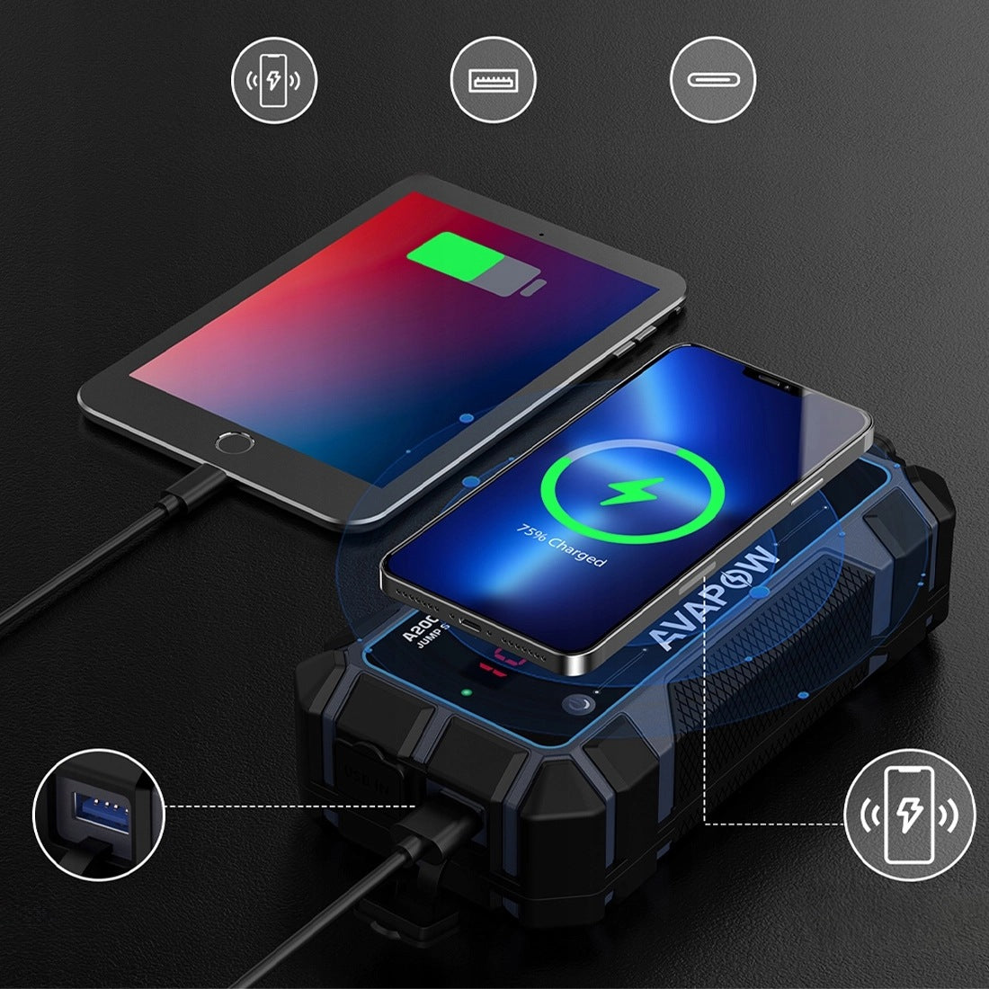Starting Device Powerbank 12V 12000 mAh 2000A 44Wh IP65 LED Flashlight Brand AVAPOW