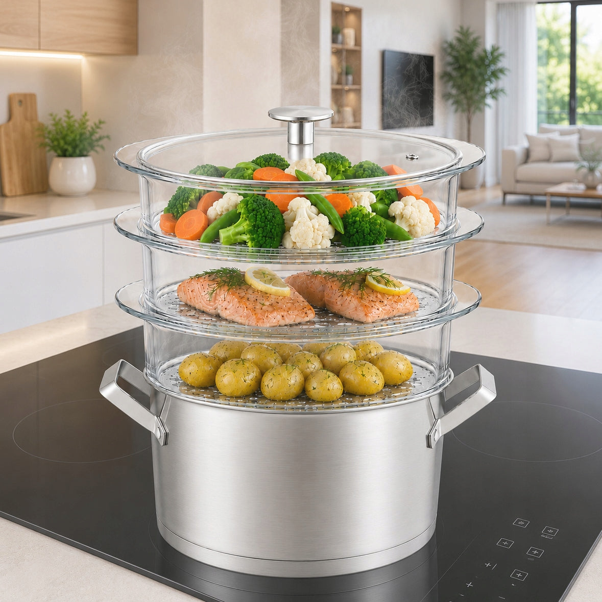 Steamer Glass Steaming Pot 3 Glass Sieves INDUCTION Maddox Line Maddox