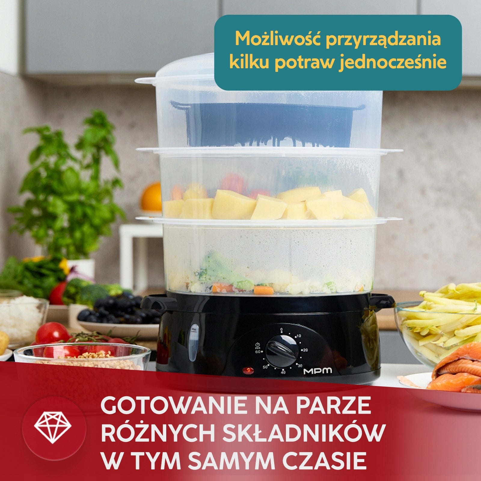 Steamer MPM MPA-02 BPA FREE 800W Timer 60 min Rice container 10 liters Manufacturer code MPA-02