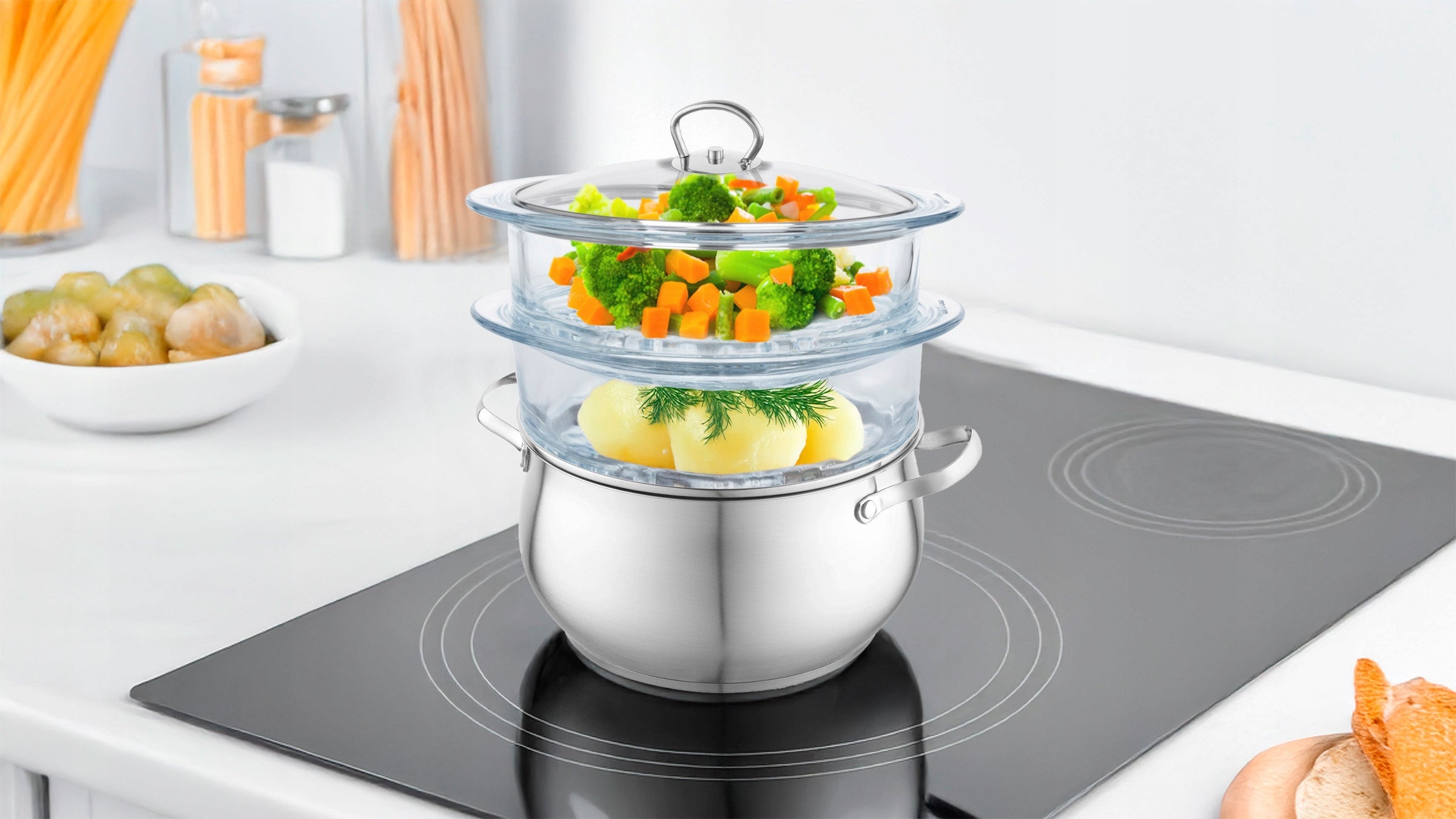 Steaming POT Steamer 2 Glass Sieves 7,9L All Stoves Packaging status original