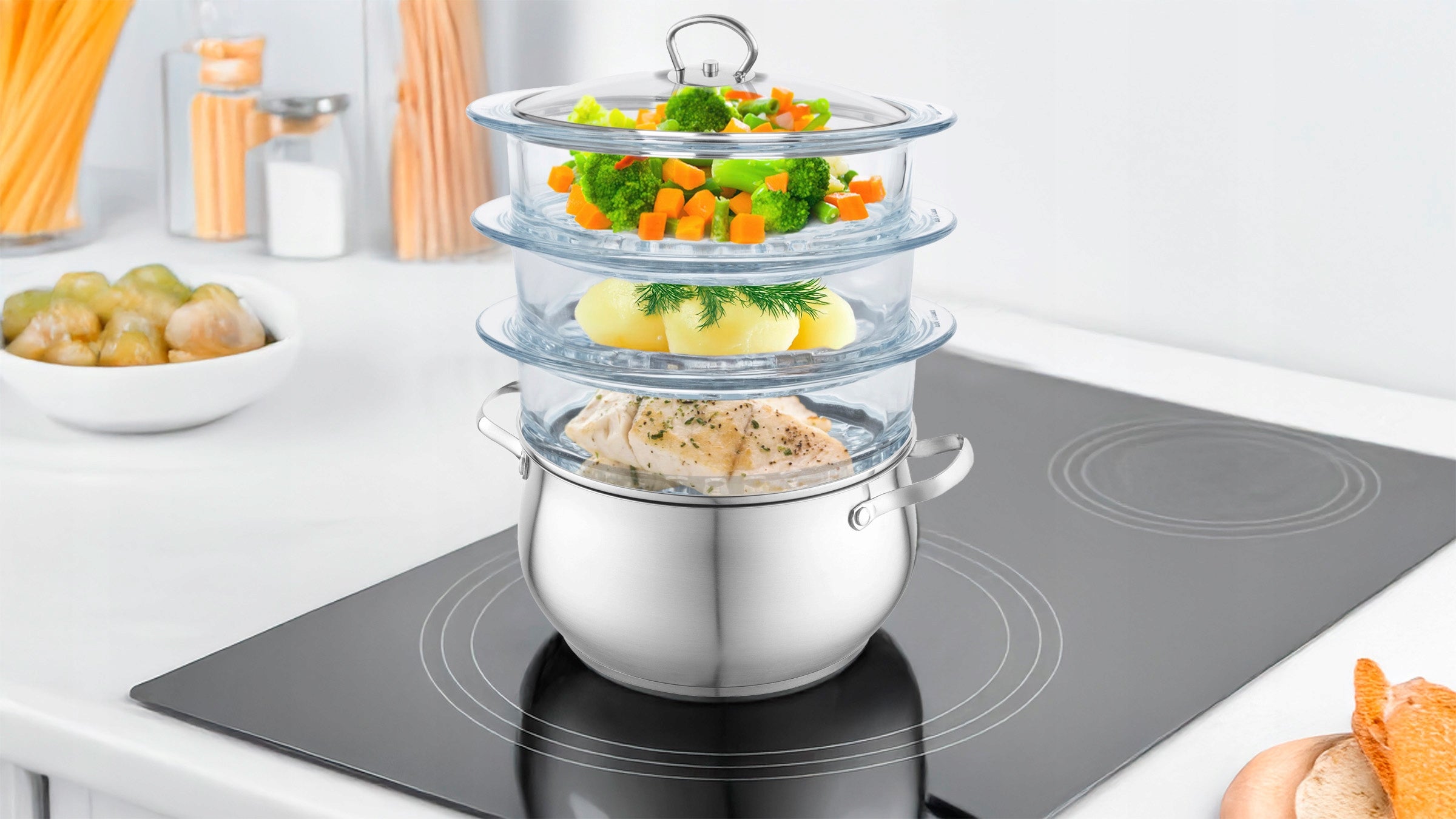Steaming POT Steamer 3 Glass Sieves 9,9L All Stoves Packaging status original