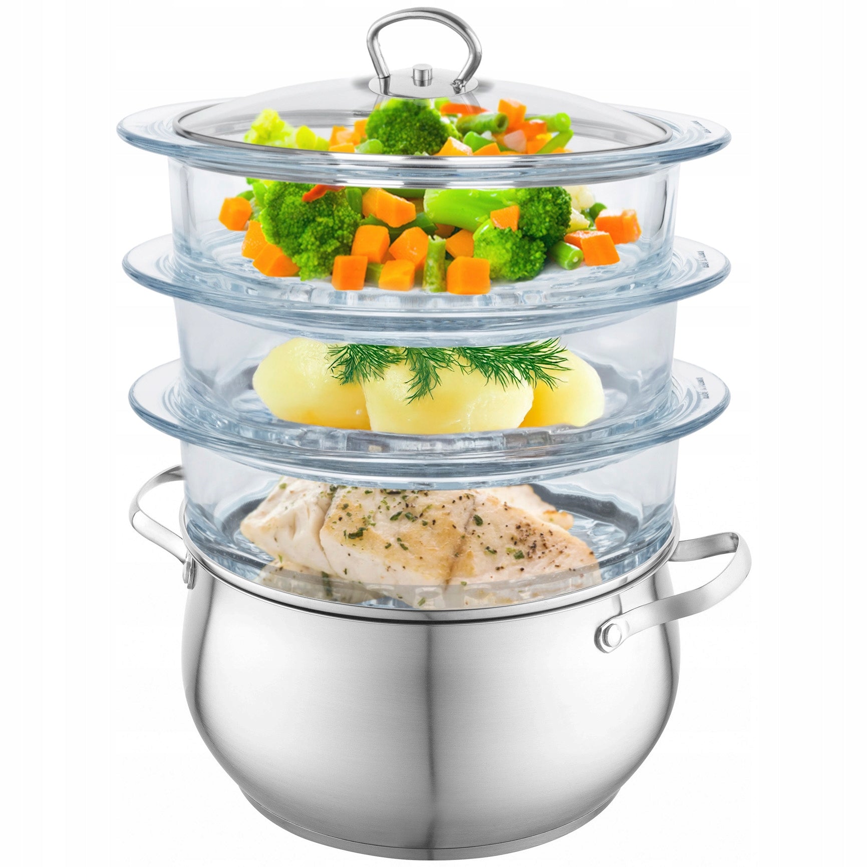 Steaming POT Steamer 3 Glass Sieves 9,9L All Stoves