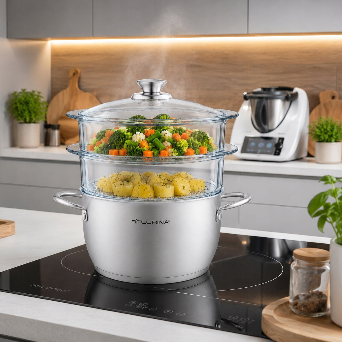 Steaming Pot Induction Steamer 2 Glass Sieve Cartridges 7,1L Line Henry