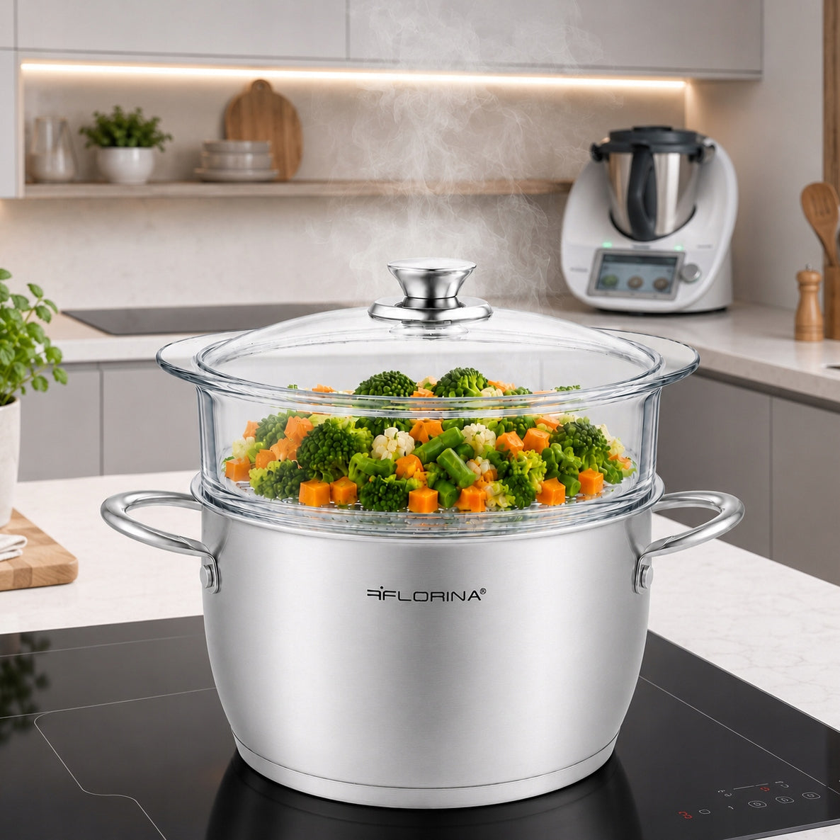 Steaming Pot Induction Steamer Glass Sieve Cartridge 5,1L Line Henry