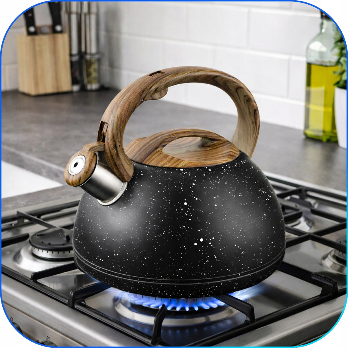 Steel Kettle 3L Induction MARBLE GAS RETRO BLACK WOODEN WHISTLE Brand Maibang