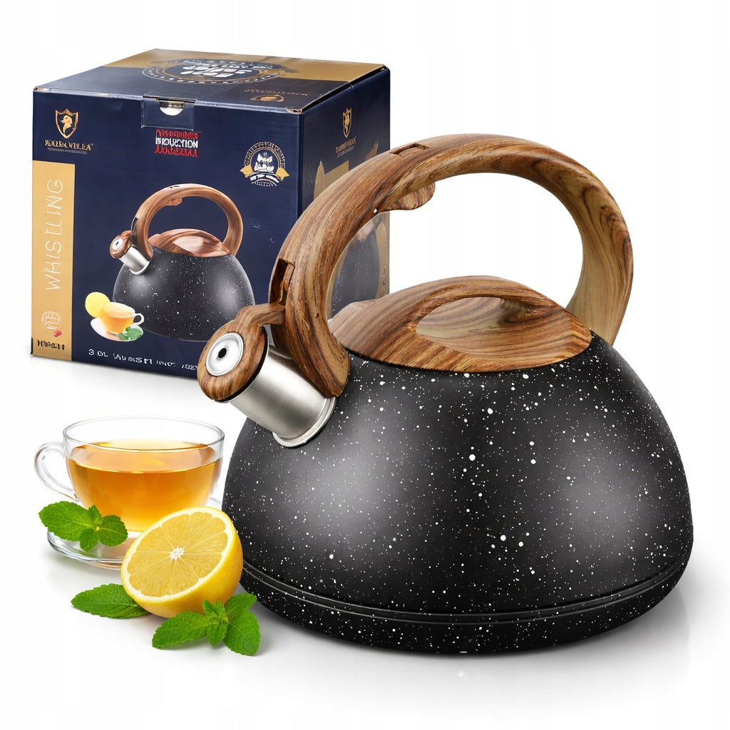 Steel Kettle 3L Induction MARBLE GAS RETRO BLACK WOODEN WHISTLE