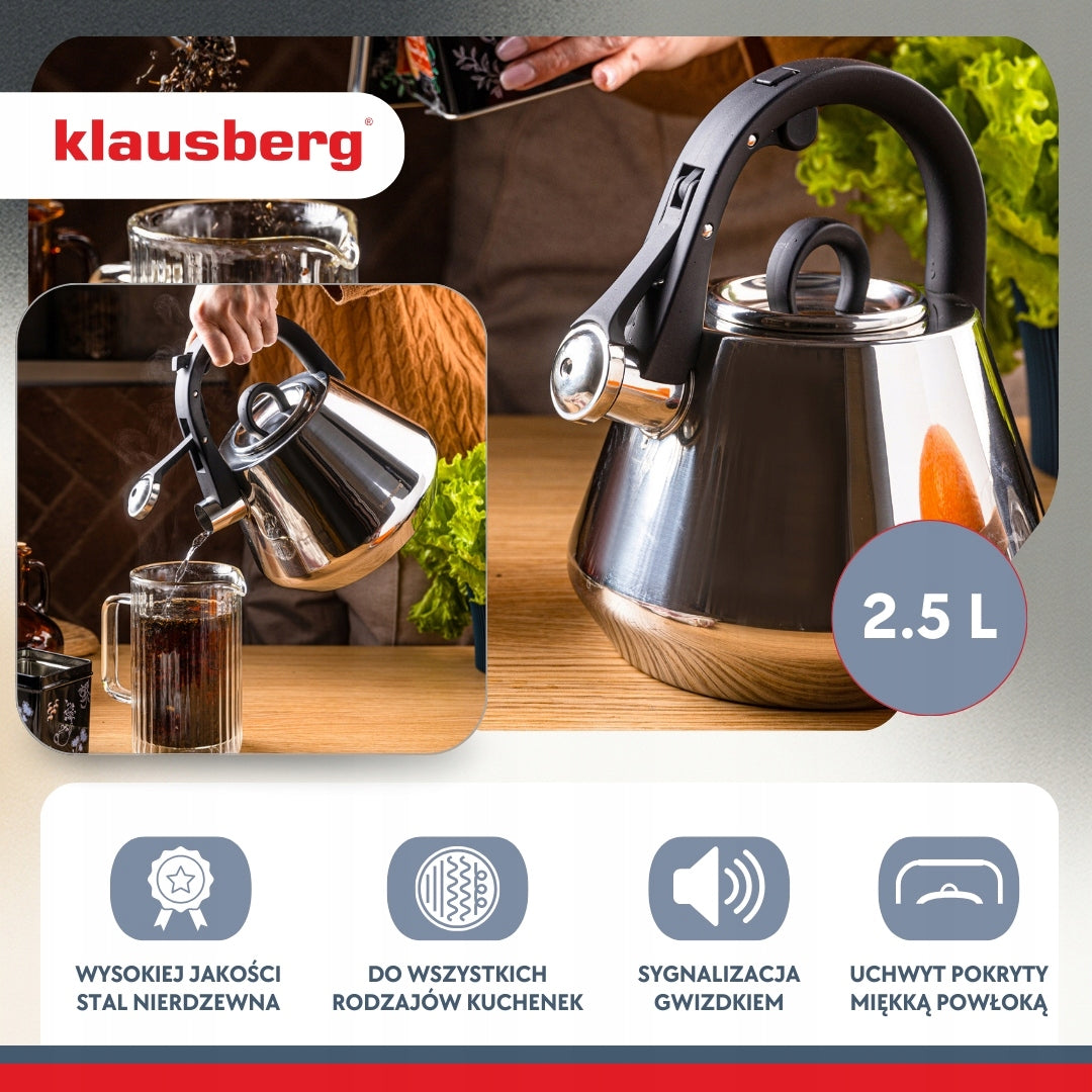 Steel kettle with whistle Gloss KLAUSBERG KB-7947 2,5 Lit. induction GAS Manufacturer code KB-7947