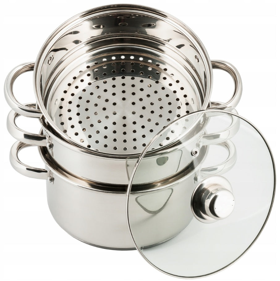 Steel pot, steel strainer, for steaming, 2 INSERTS, LID