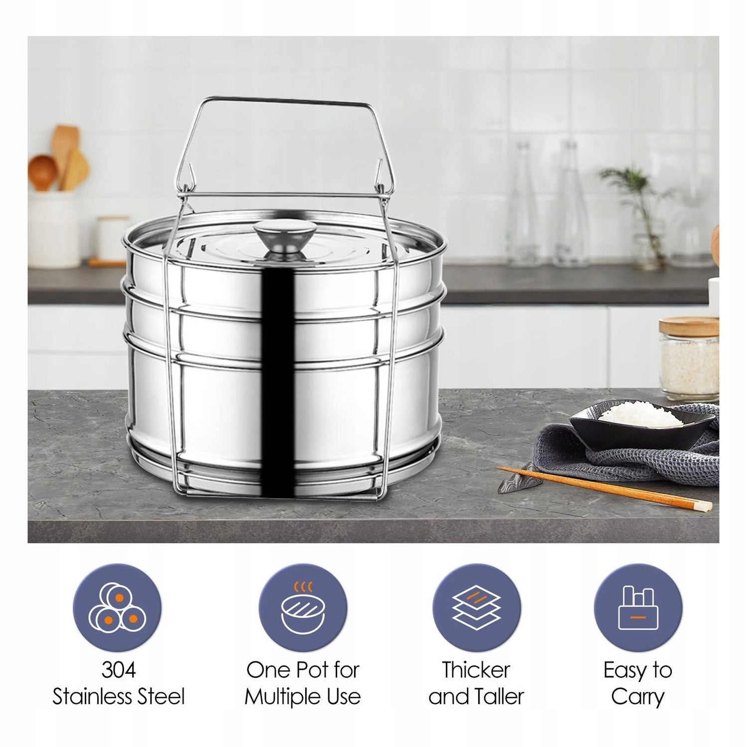 Steel steamer - 3 levels - for steaming - 47 x 19 cm Dominant color clear