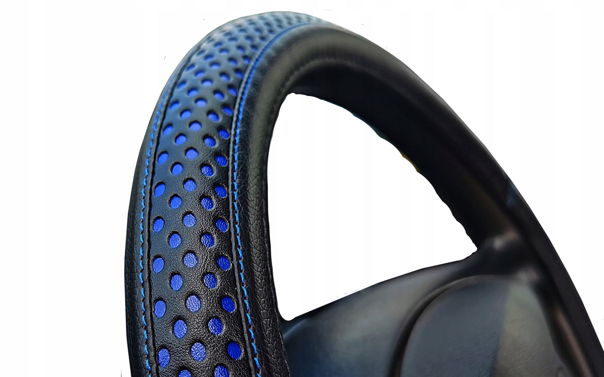 Steering wheel cover Black Blue overlay leather 37-39 cm POK-R SKY