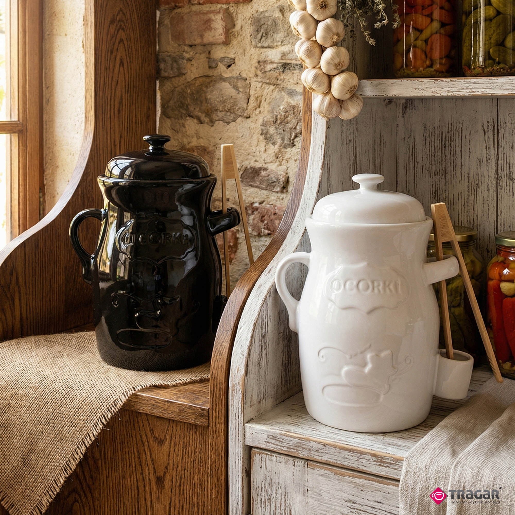 Stoneware Barrel 3,5L with Cucumber Pickling Pincers Universal Black Capacity 3.5 l