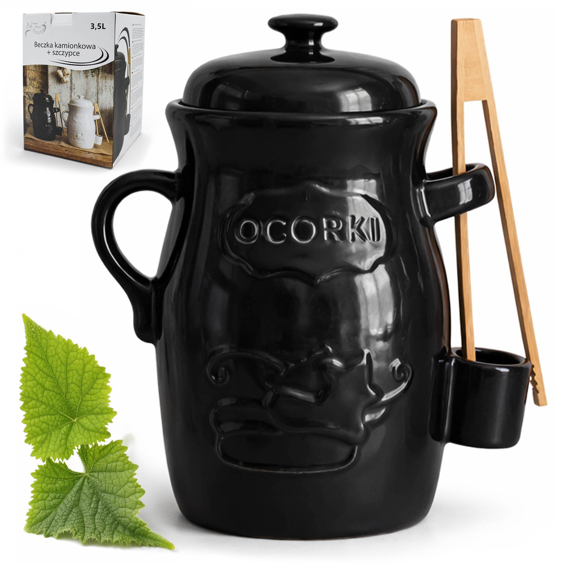 Stoneware Barrel 3,5L with Cucumber Pickling Pincers Universal Black