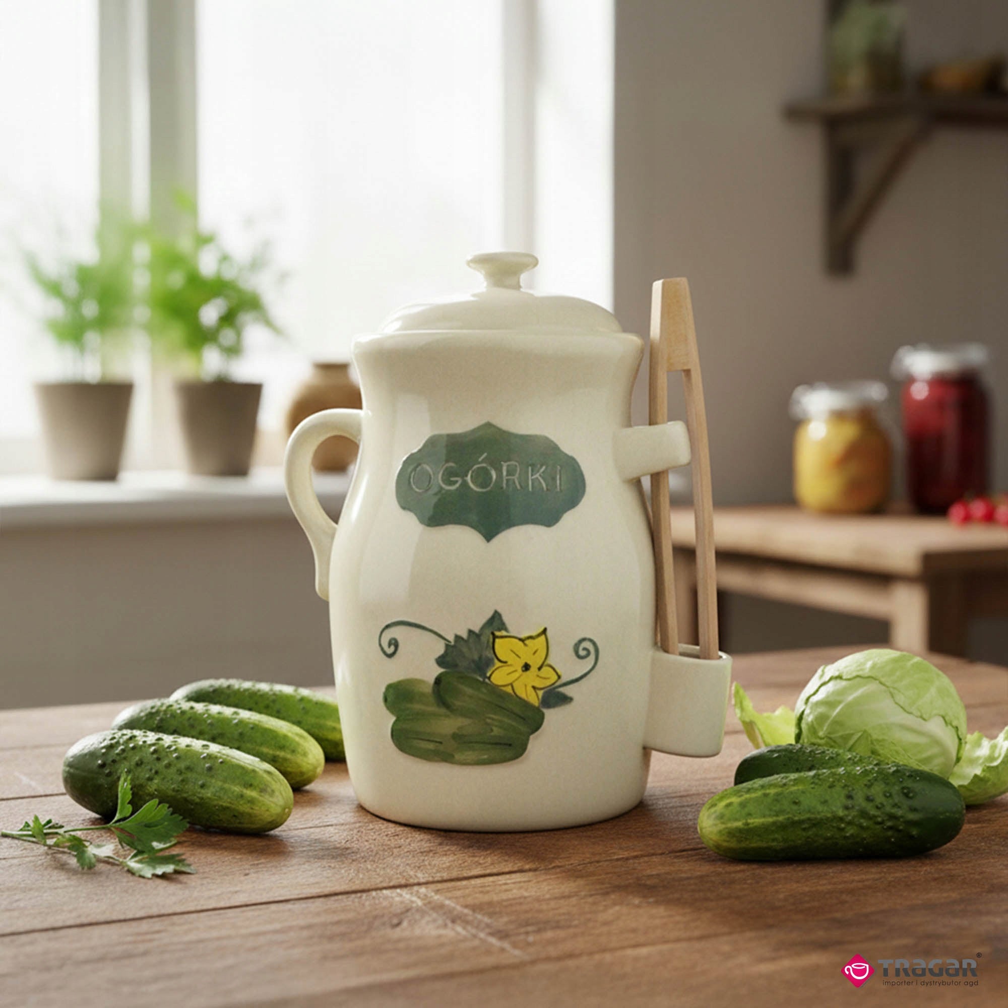 Stoneware Barrel 3,5L with Cucumber Pickling Pincers Universal Cream Capacity 3.5 l