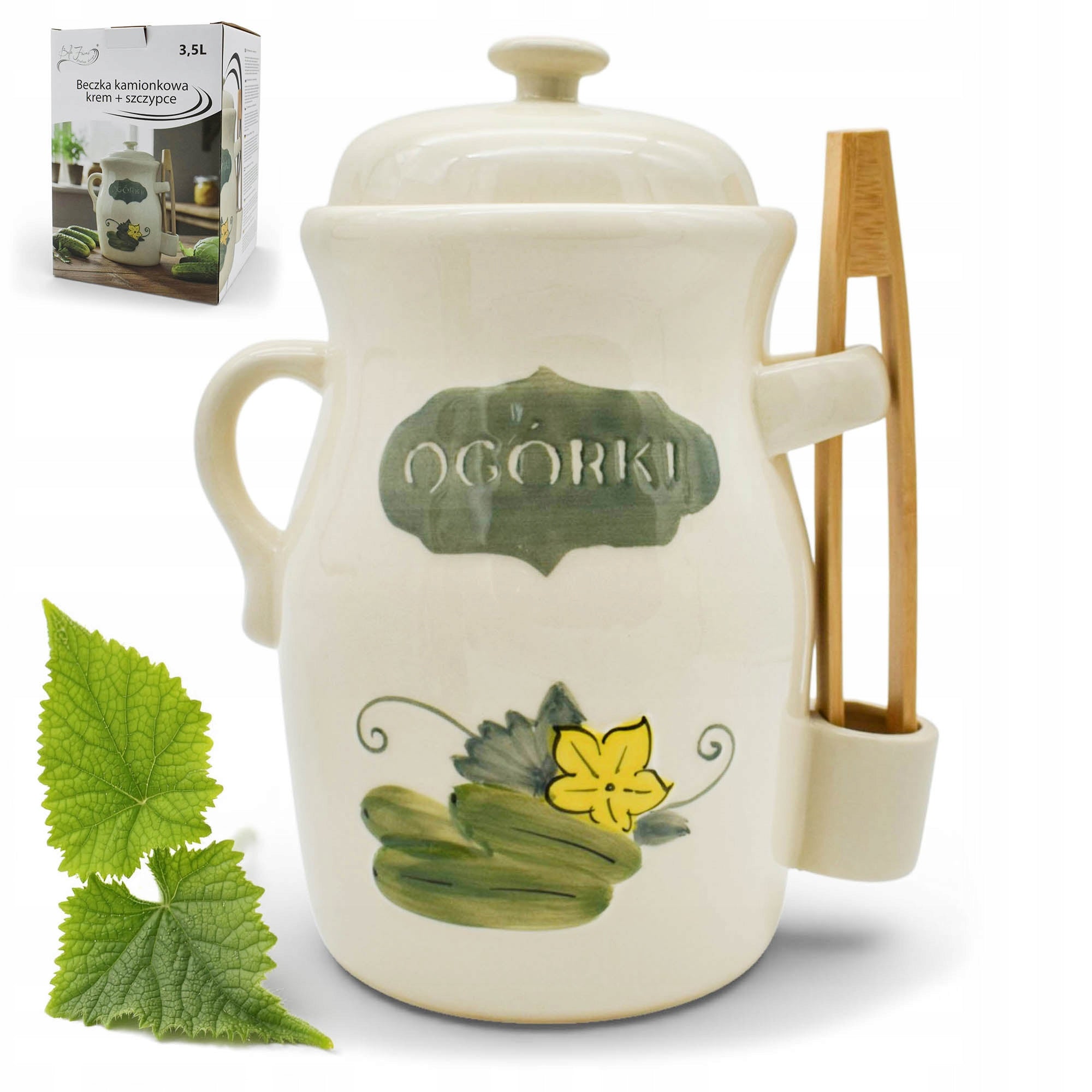 Stoneware Barrel 3,5L with Cucumber Pickling Pincers Universal Cream