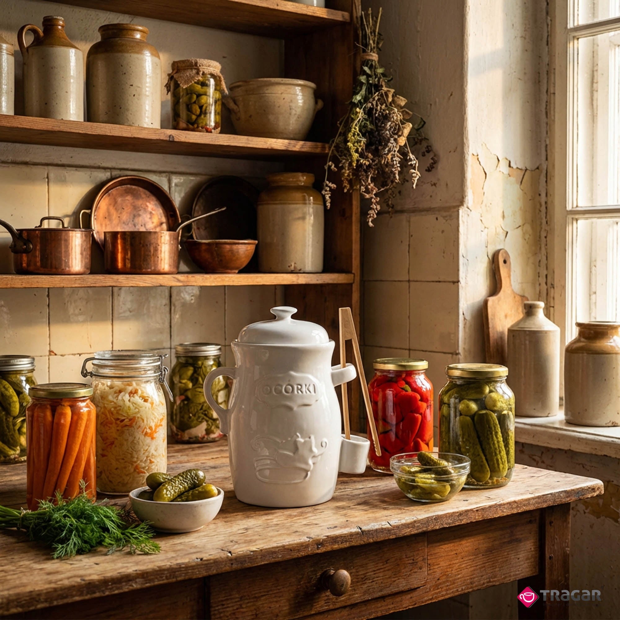 Stoneware Barrel 3,5L with Cucumber Pickling Pincers Universal White Brand Bella Fiore