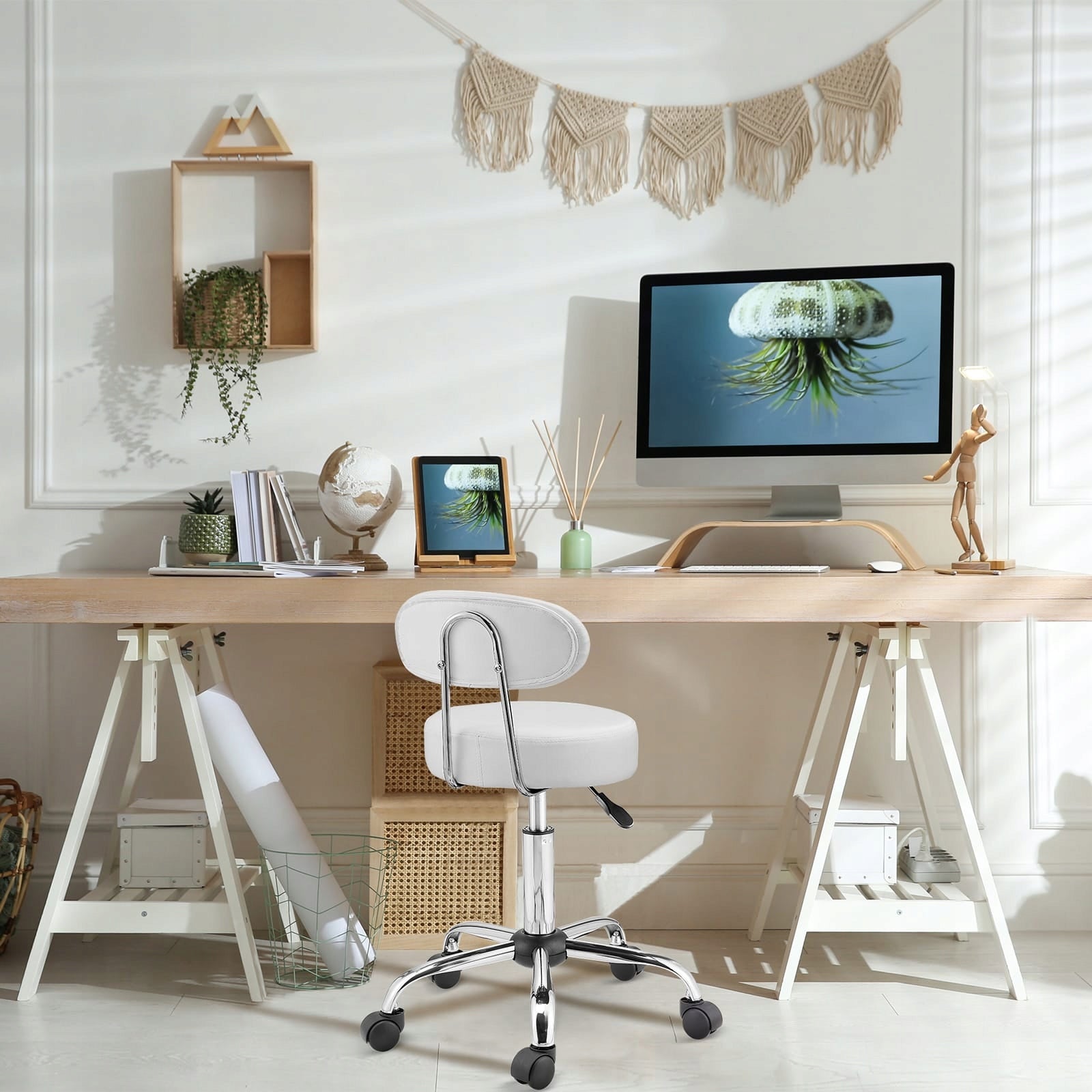 Stool on wheels with backrest ROLAND, Ø35cm, white Brand Casaria