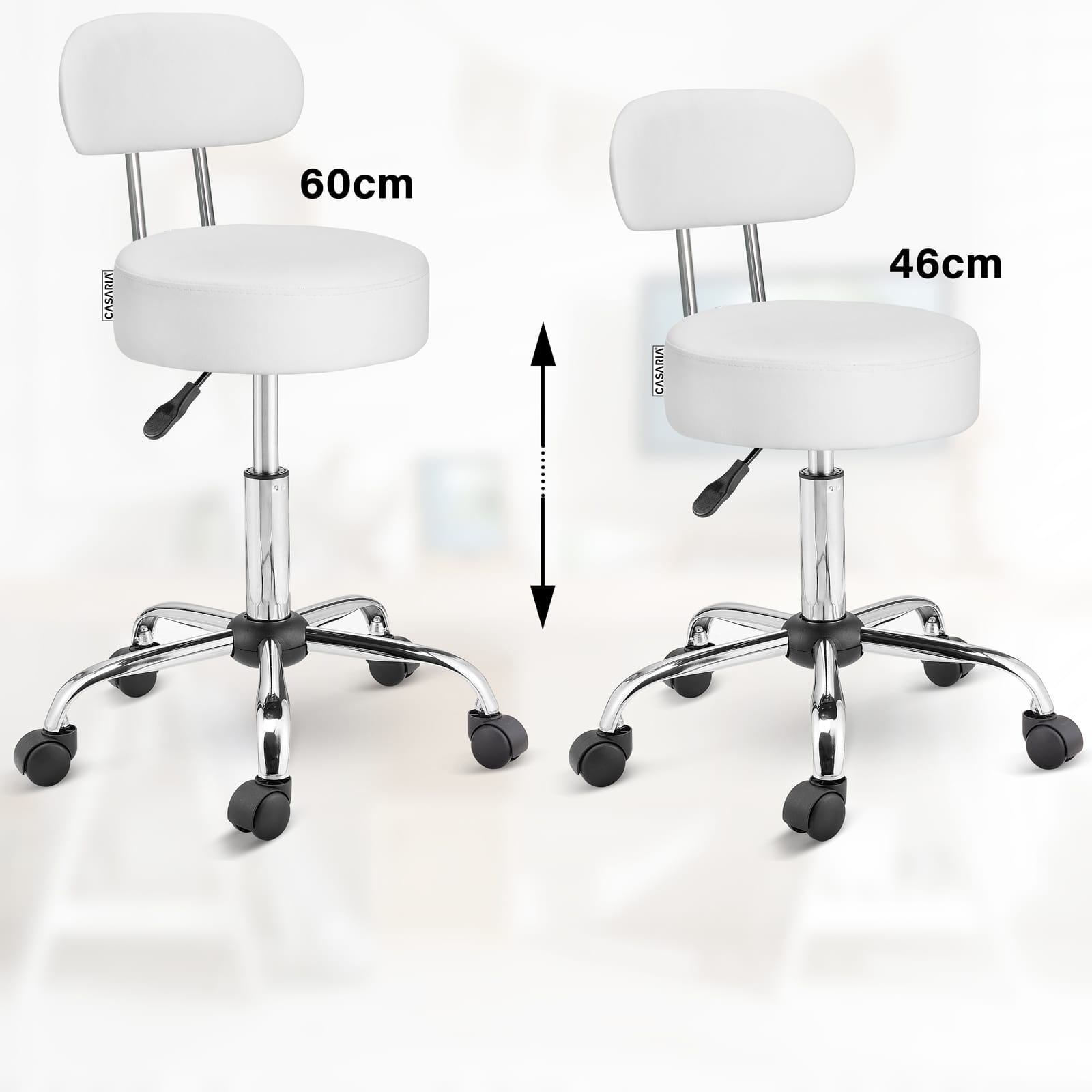 Stool on wheels with backrest ROLAND, Ø35cm, white Packaging status original