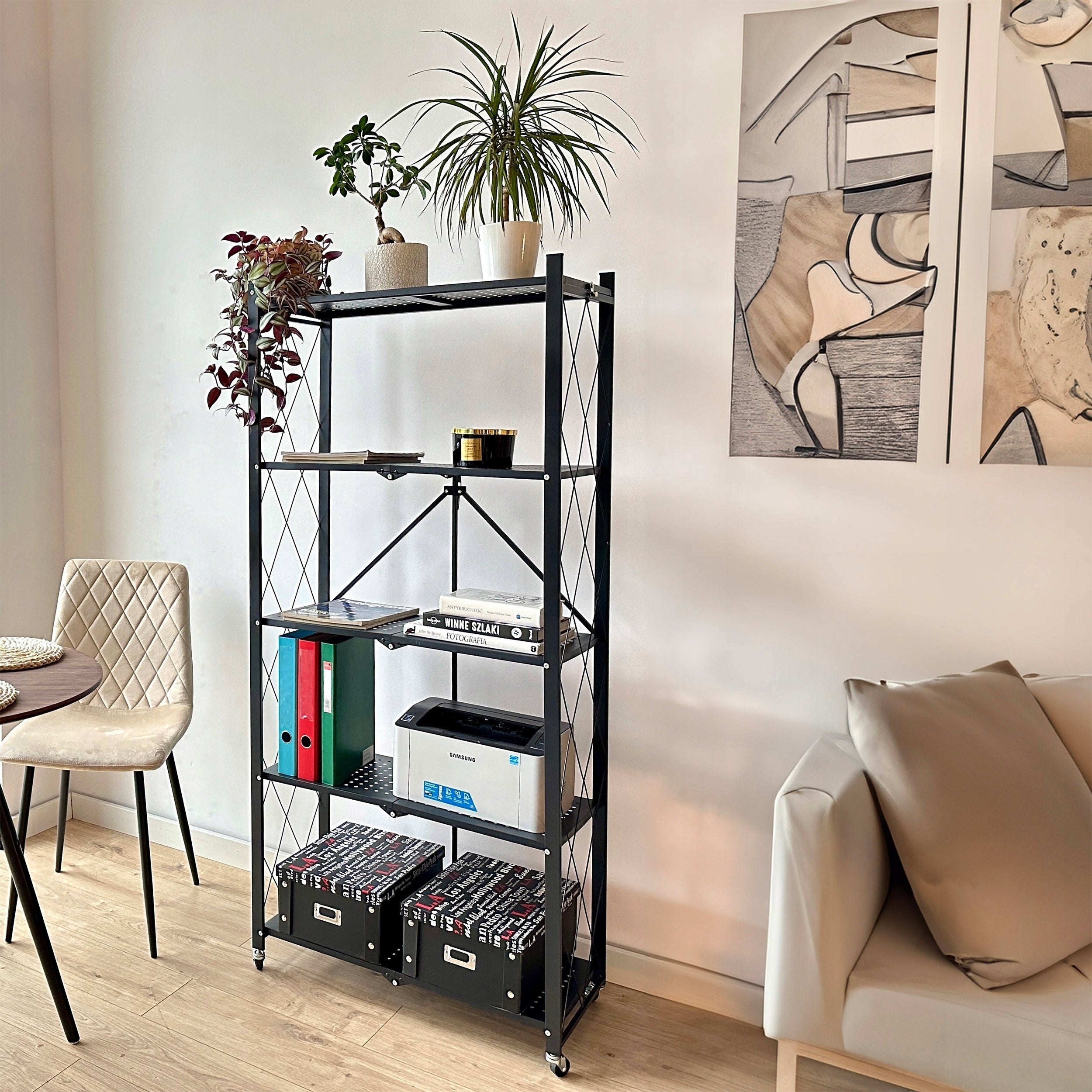 Storage Rack Folding Metal On Wheels Black 5 Shelves Mobile Loft Packaging status original
