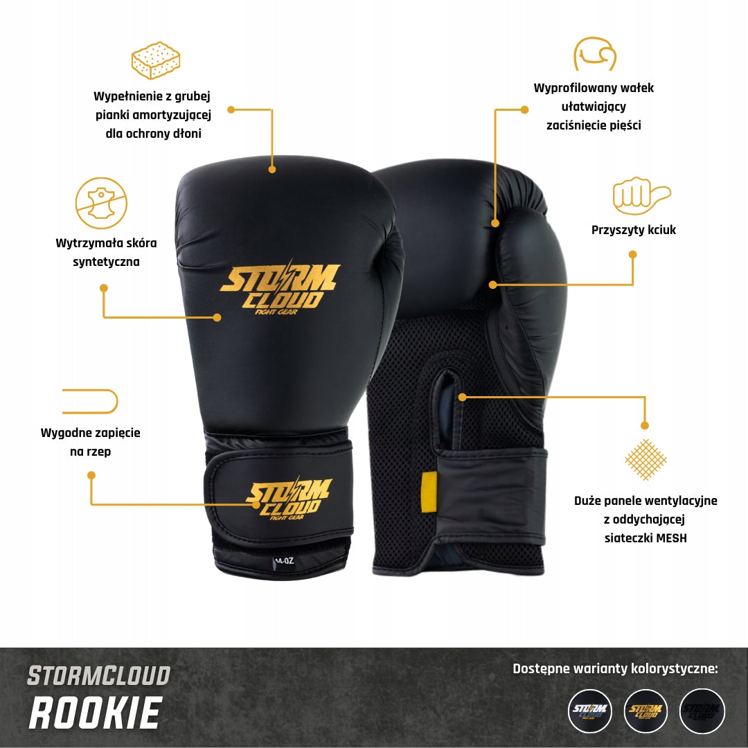 StormCloud Boxing Gloves Rookie Black/Gold 14oz Color black
