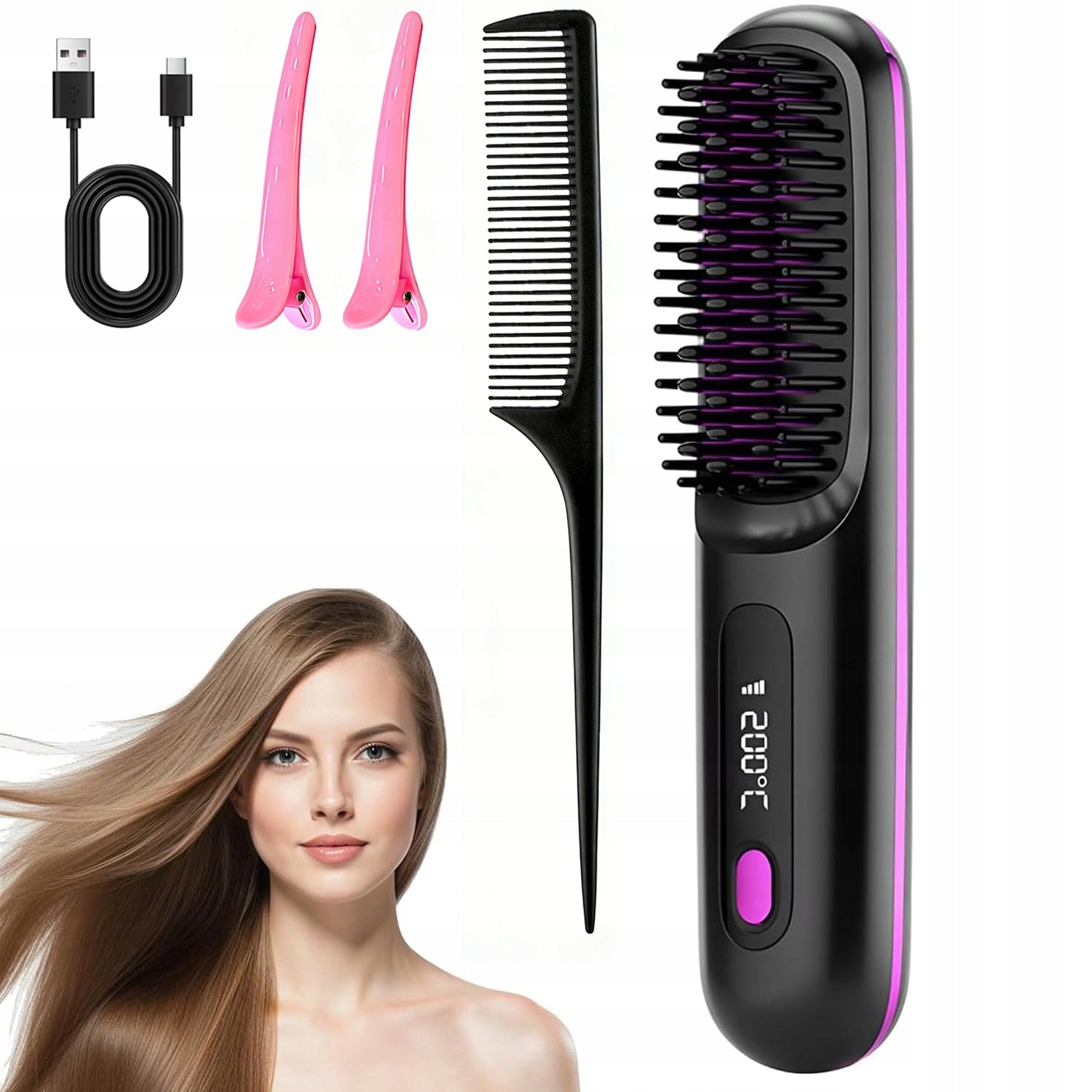 Straightening Hair Brush with Temperature Control and Straightener