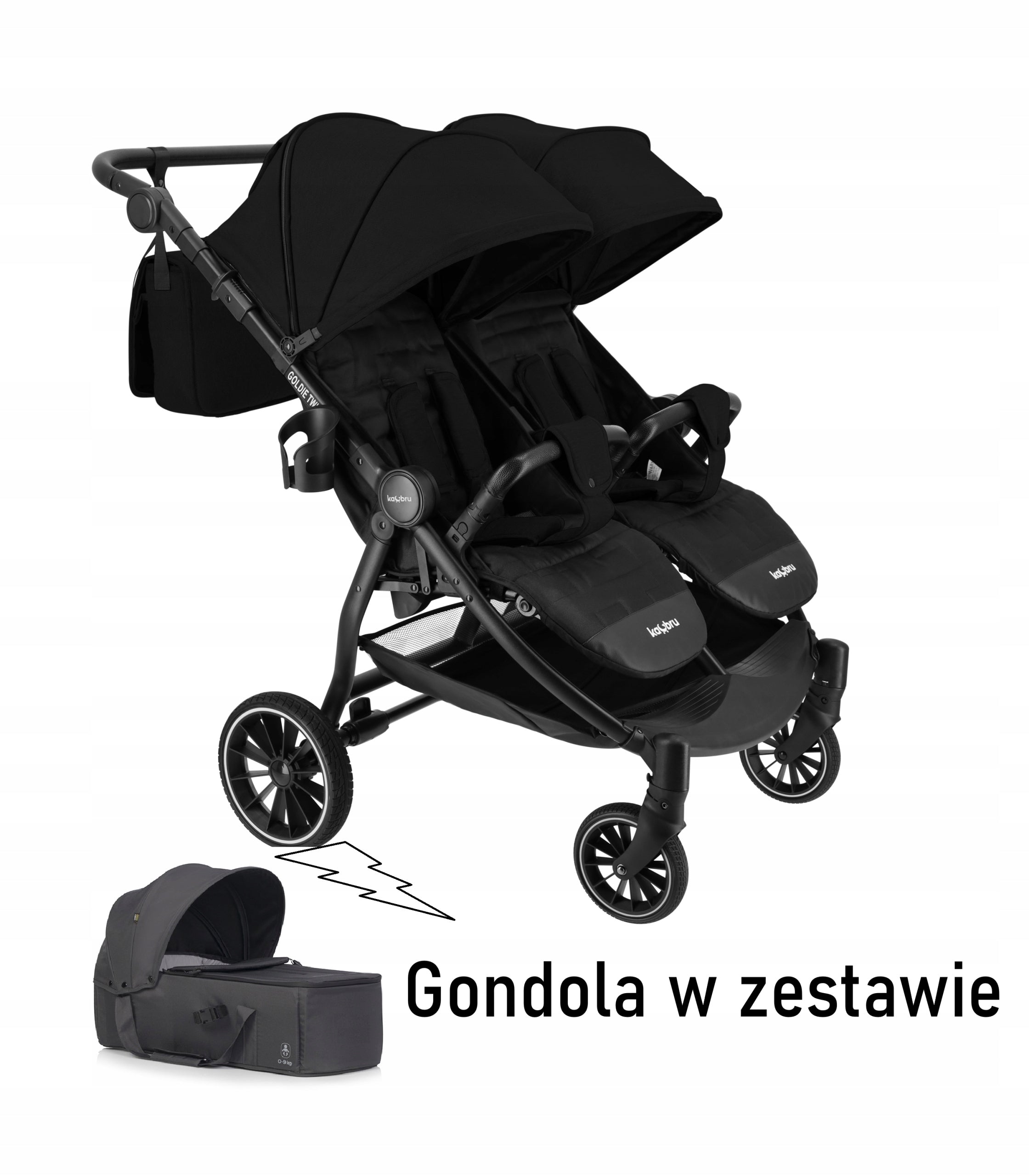 Stroller 2in1 twin walking KacBru GOLDIE TWINS black with gondola! Manufacturer code 19043
