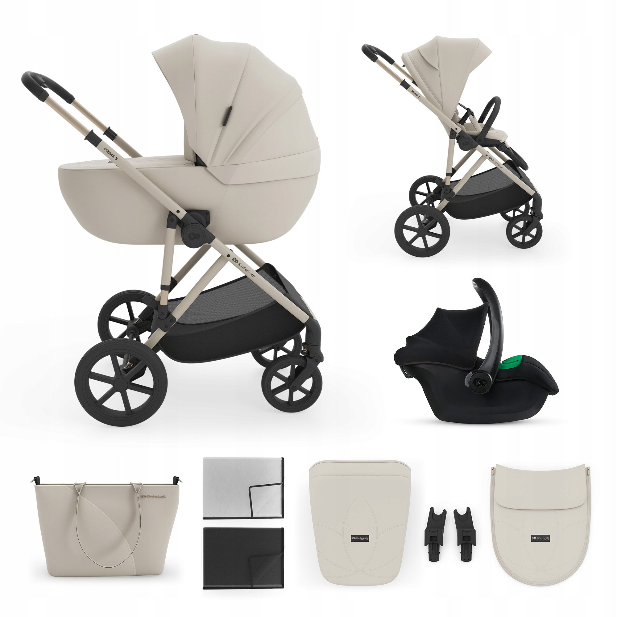 Stroller Multifunctional 3in1 Kinderkraft PRIME 3 Stroller Gondola Seat Beige