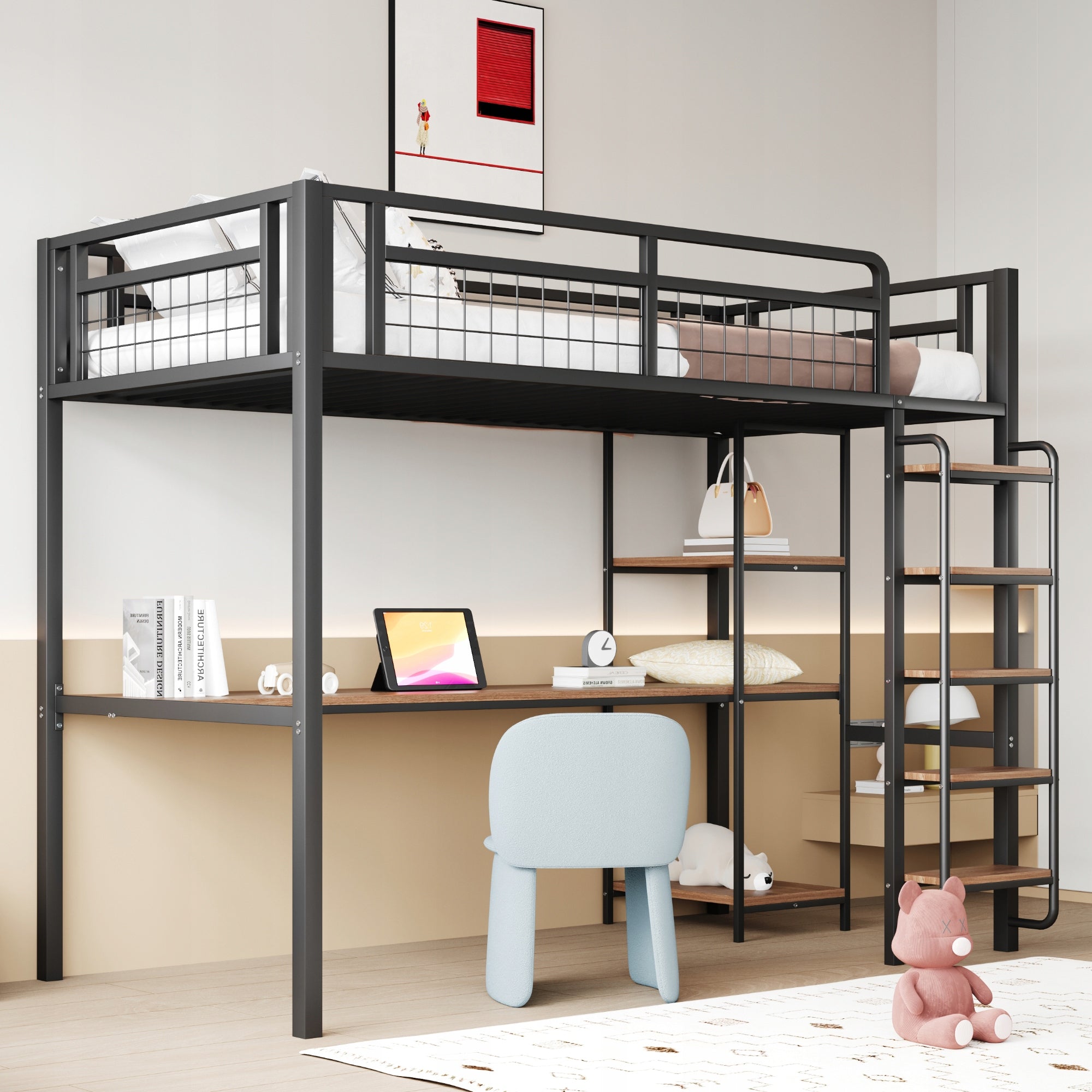 Sturdy Metal High Bed with Desk, Shelves, and Safety Guard, Black Color Brand no brand