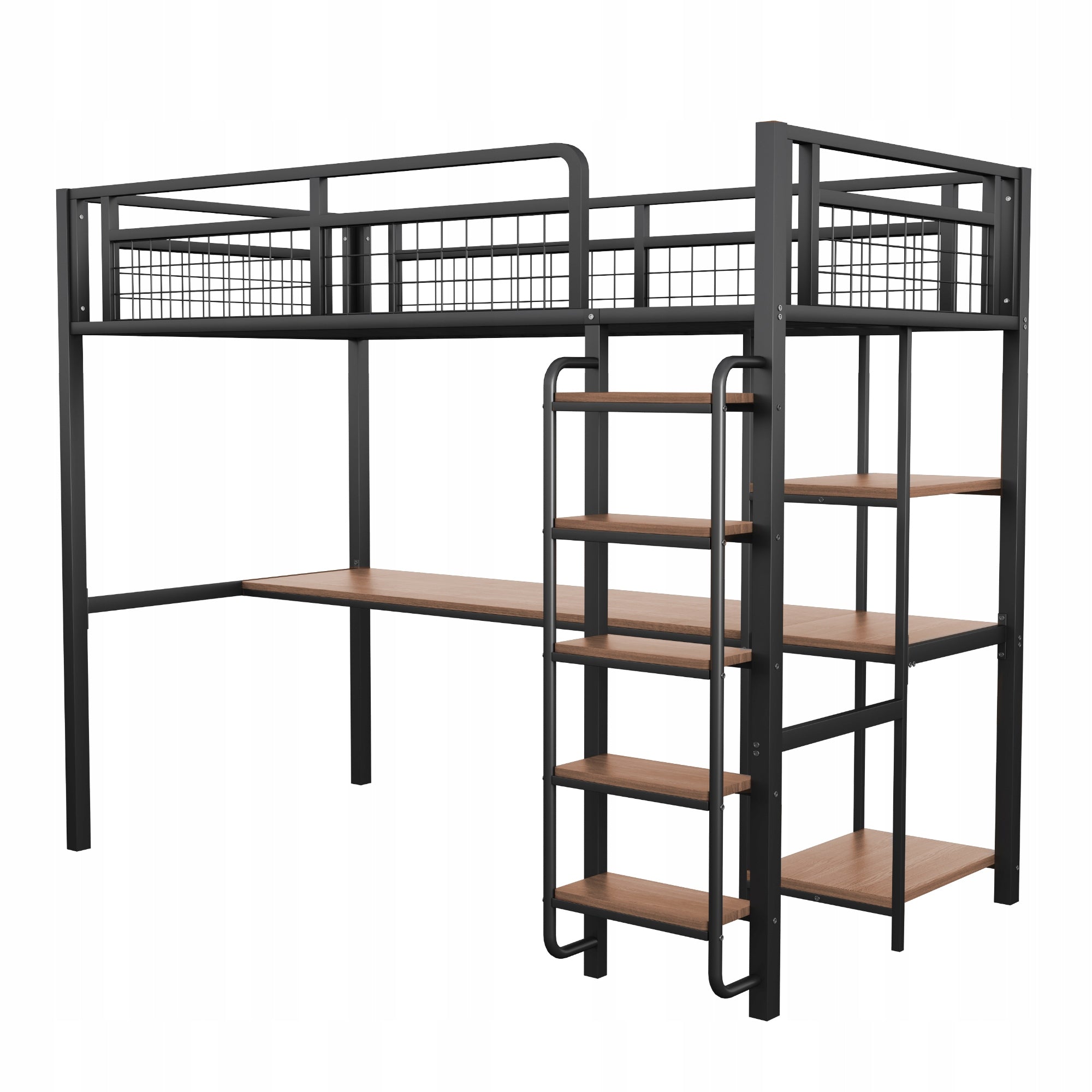 Sturdy Metal High Bed with Desk, Shelves, and Safety Guard, Black Color