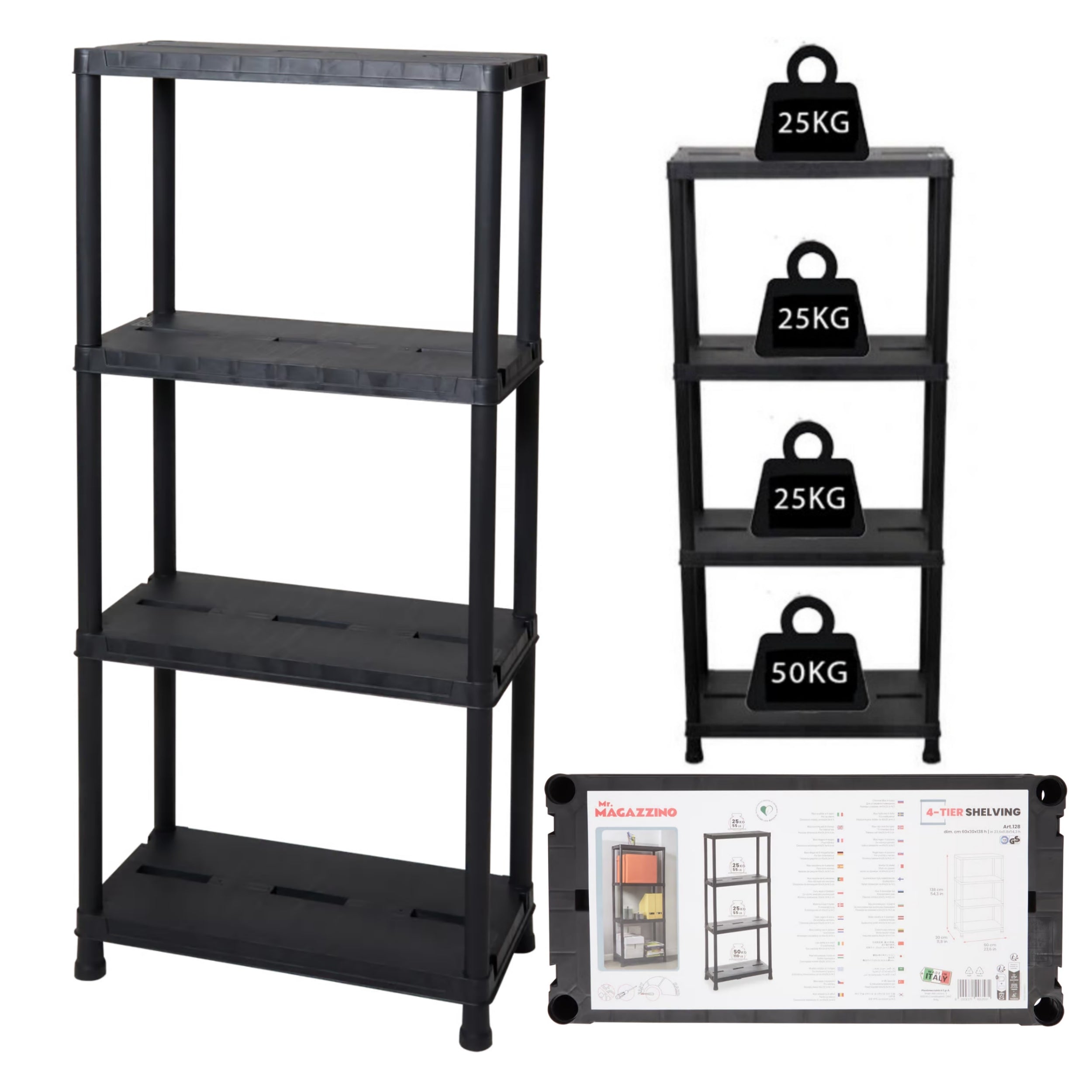 Sturdy Strong plastic storage rack 4 SHELVES max 25 kg 138x60x30