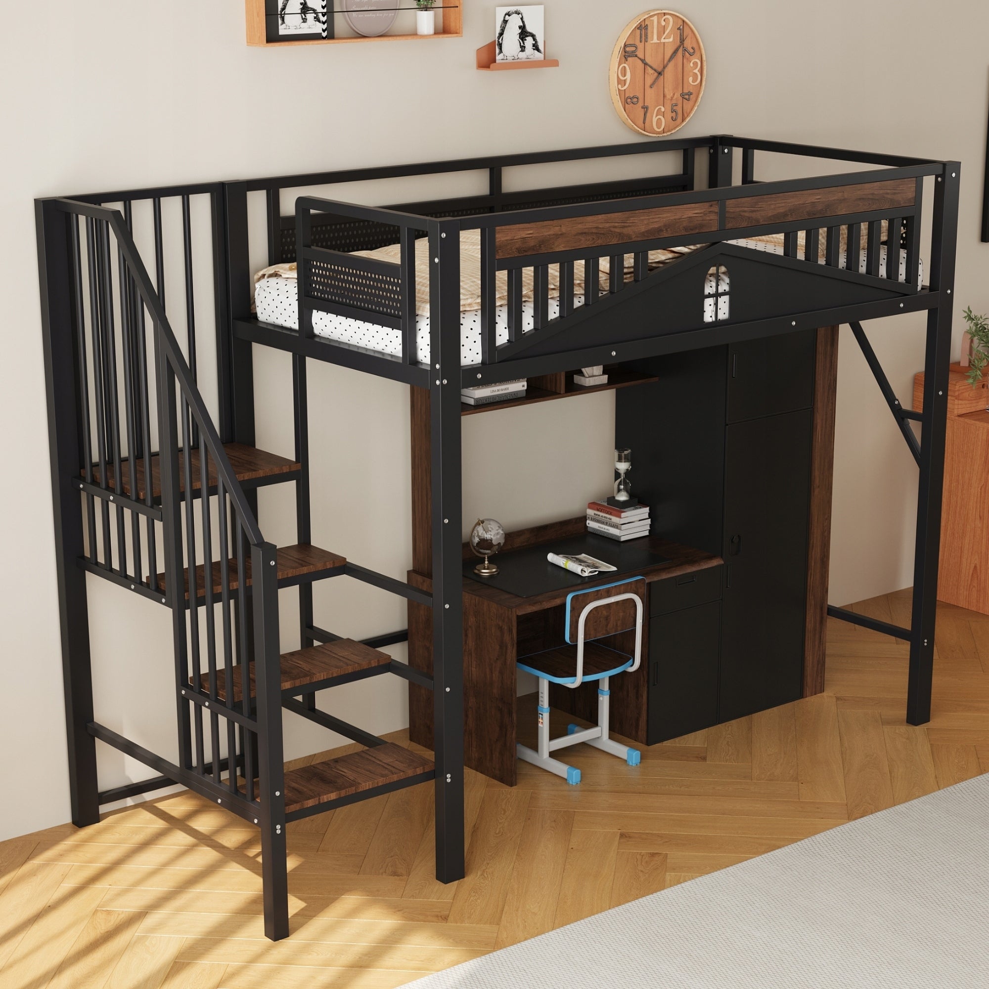 Stylish Black Metal Bed 90x200 cm with Safety Rail and Storage Space Number of pieces 2 pcs