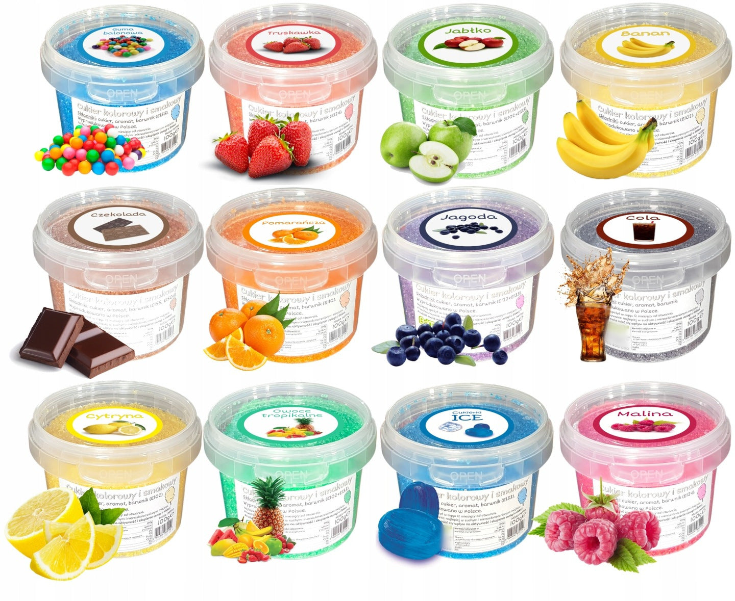 Sugar 12x 100g Colorful Taste For Cotton Candy Bucket +Additives to Machine Manufacturer code ADMAJ-CUKIER-SET12-100G-WIAD
