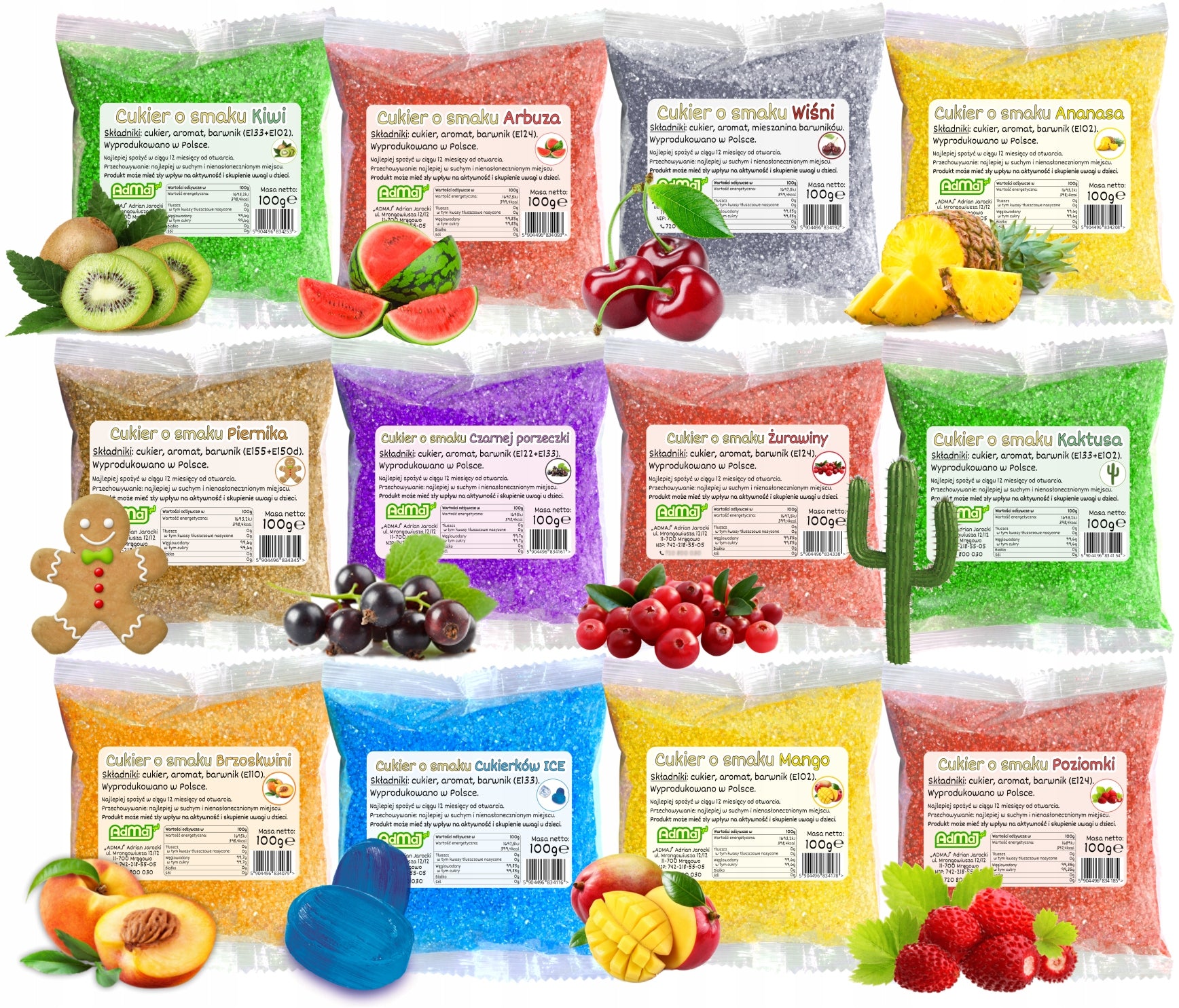 Sugar 12x 100g Coloured For Cotton Candy in Sachets Variant 2 + Additives Manufacturer code ADMAJ-CUKIER-SET12W2-100G-SASZ
