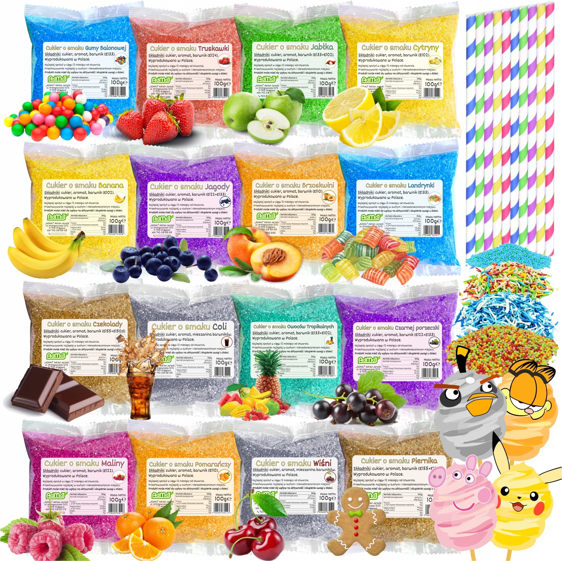 Sugar 16x 100g Color Flavour For Cotton Candy Sachet+Sprinkles Wafer Straws