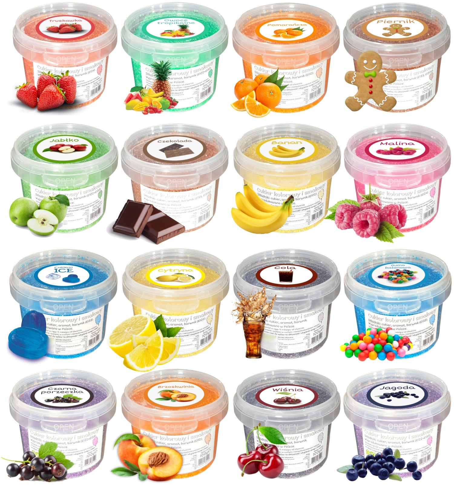 Sugar For Cotton Candy 16x 100g Colorful Flavour Bucket +Additives to Machine Manufacturer code ADMAJ-CUKIER-SET16-100G-WIAD