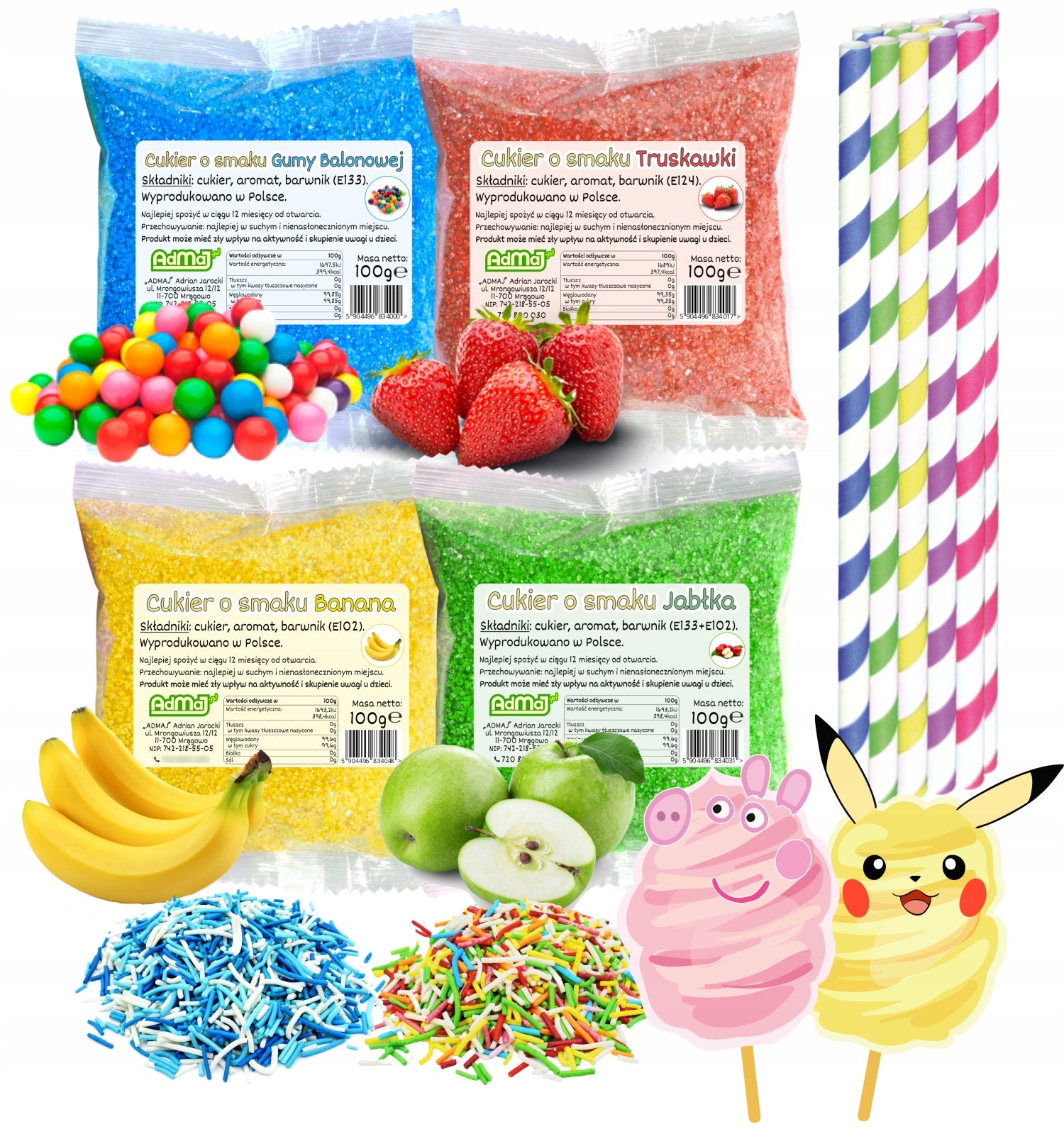 Sugar for Cotton Candy 4x 100g Colorful and Flavorful in Sachets + Sprinkles Sticks