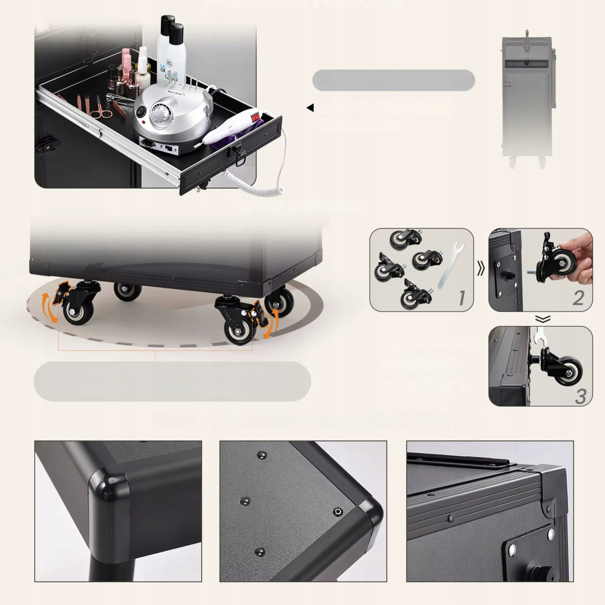 Suitcase Manicure Table Mobile Folding Black Cosmetic on Wheels Medical device no