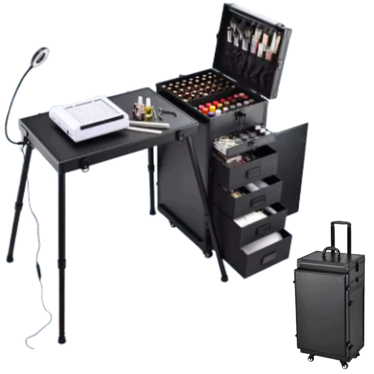 Suitcase Manicure Table Mobile Folding Black Cosmetic on Wheels